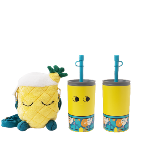 Plush tumbler holder with a removable vacuum-insulated stainless steel straw tumbler, waterproof inner lining, and crossbody carrying strap.