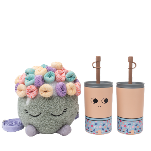 Sunny the Spoon plush tumbler holder with a soft character design, removable vacuum-insulated stainless steel straw tumbler, waterproof inner lining, and crossbody carrying strap.