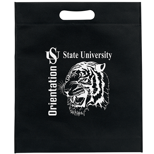 Reusable non-woven bag with die-cut handles.
