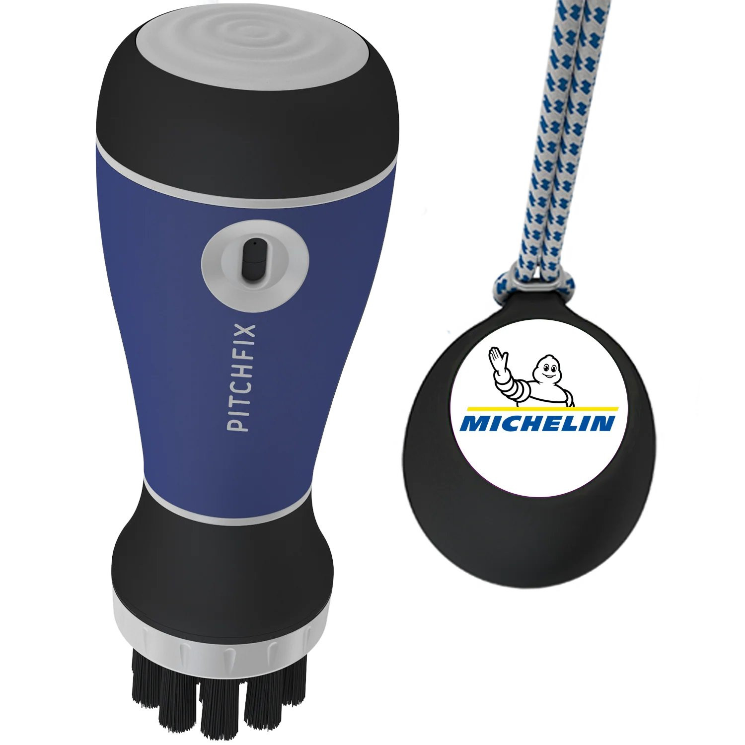 Blue PitchFix golf club cleaner with integrated water spray, replaceable brush head, convenient golf bag attachment, and a brandable cap with a full-color resin dome.