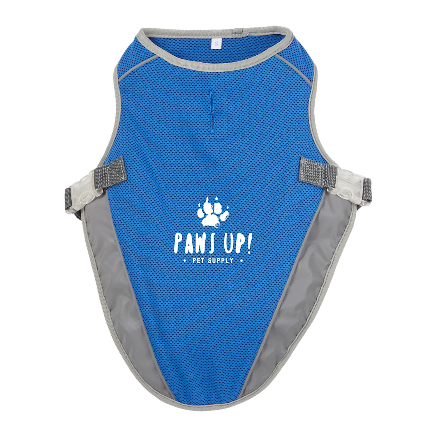 Blue reflective pet vest made from 100% polyester with reflective strips, lightweight construction, and an easy-access leash opening for collar and harness compatibility.