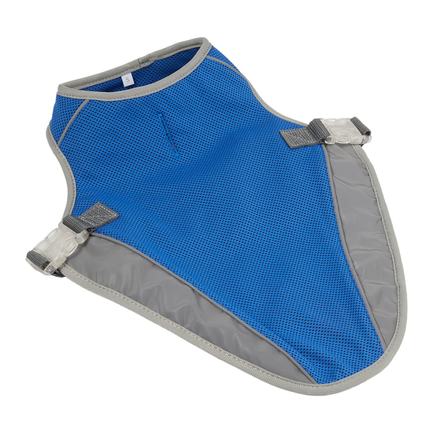 Blue reflective pet vest made from 100% polyester with reflective strips, lightweight construction, and an easy-access leash opening for collar and harness compatibility.