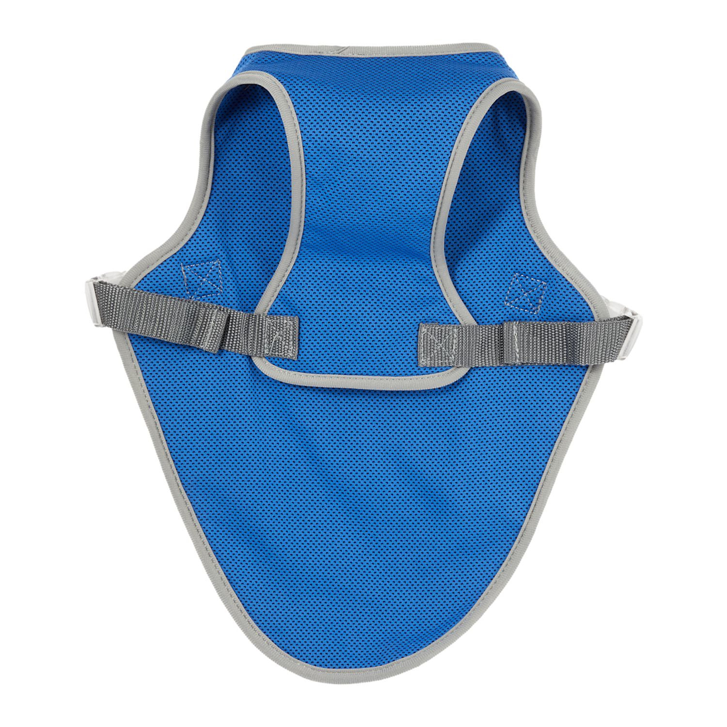 Blue reflective pet vest made from 100% polyester with reflective strips, lightweight construction, and an easy-access leash opening for collar and harness compatibility.