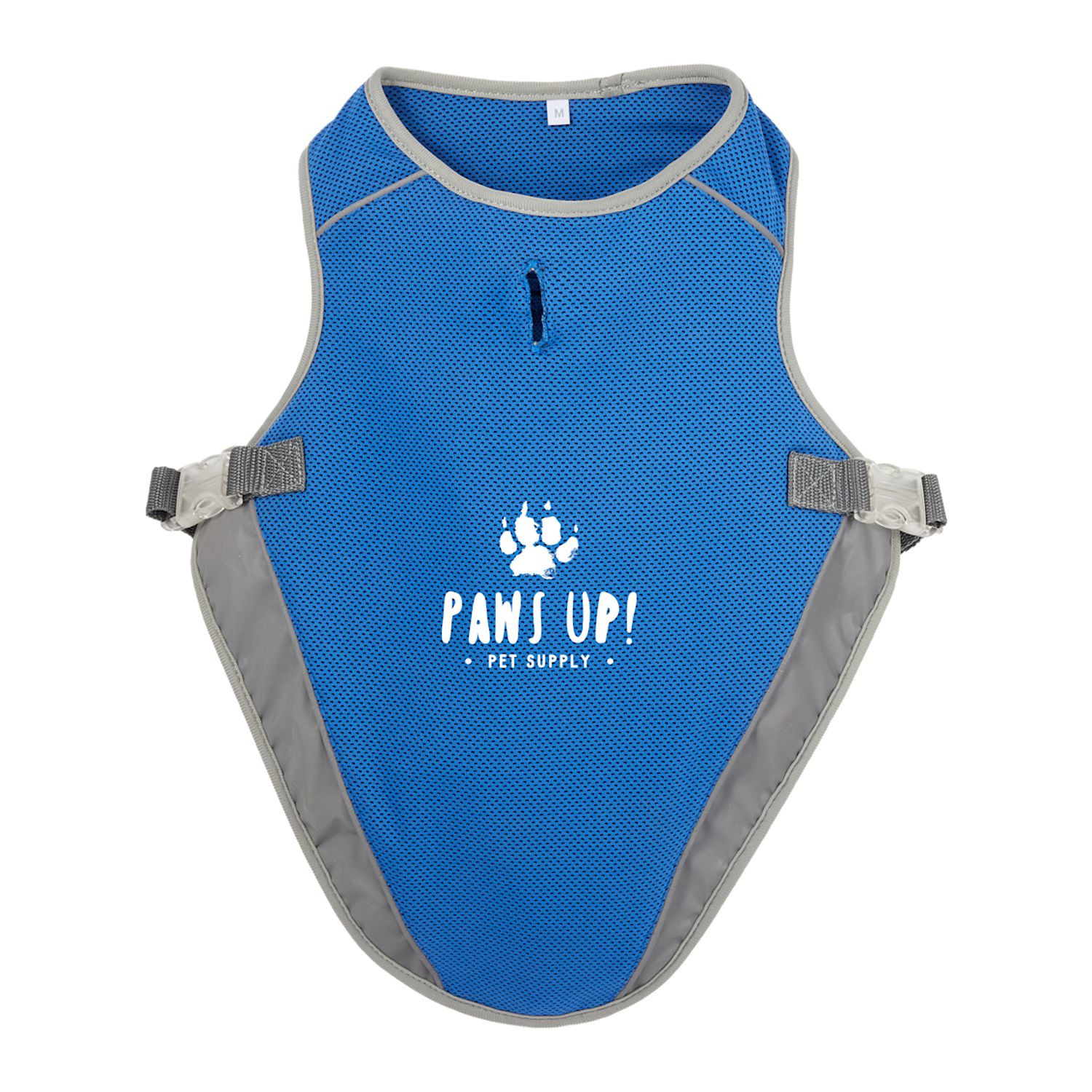 Blue reflective pet vest made from 100% polyester with reflective strips, lightweight construction, and an easy-access leash opening compatible with collars and harnesses.