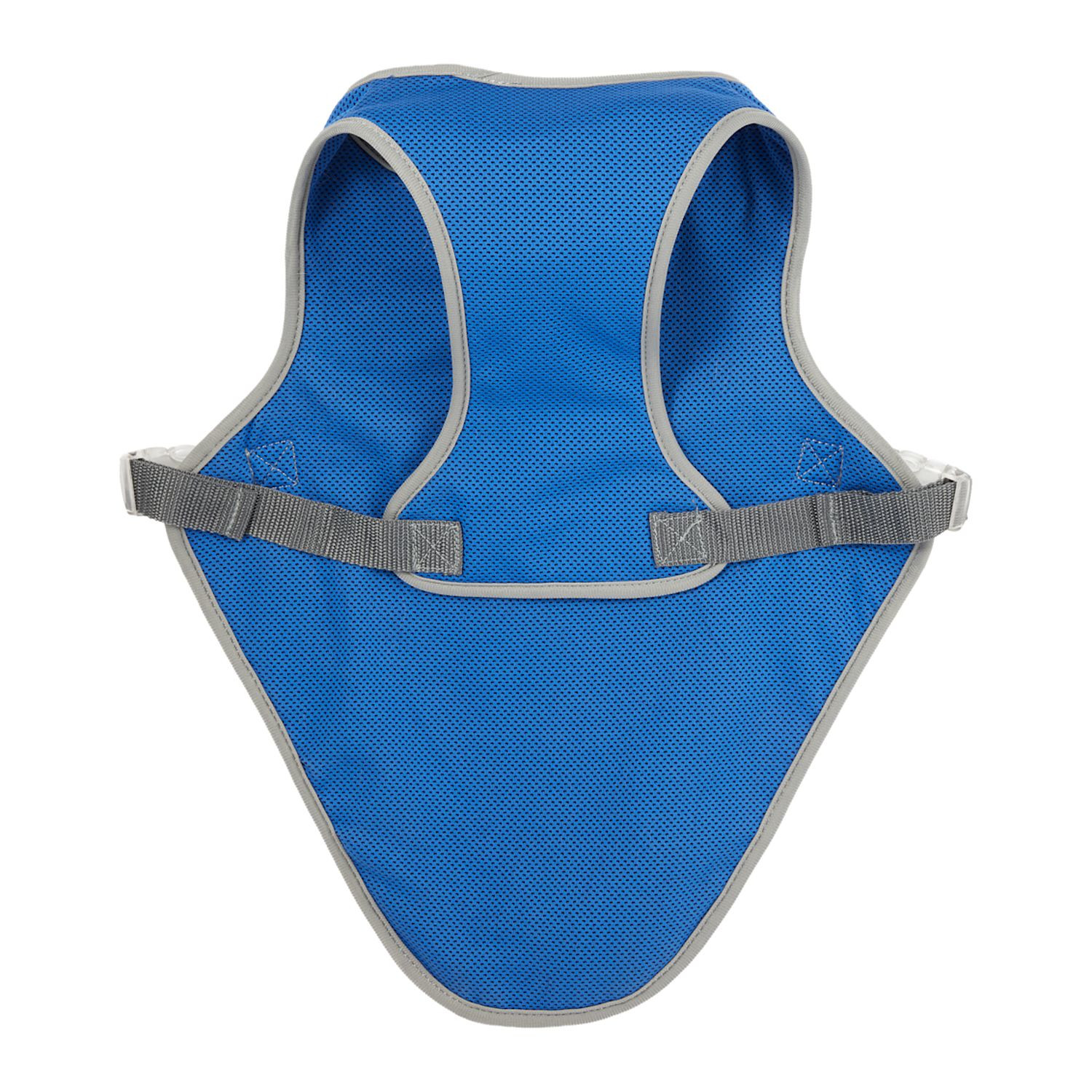 Blue reflective pet vest made from 100% polyester with reflective strips, lightweight construction, and an easy-access leash opening compatible with collars and harnesses.