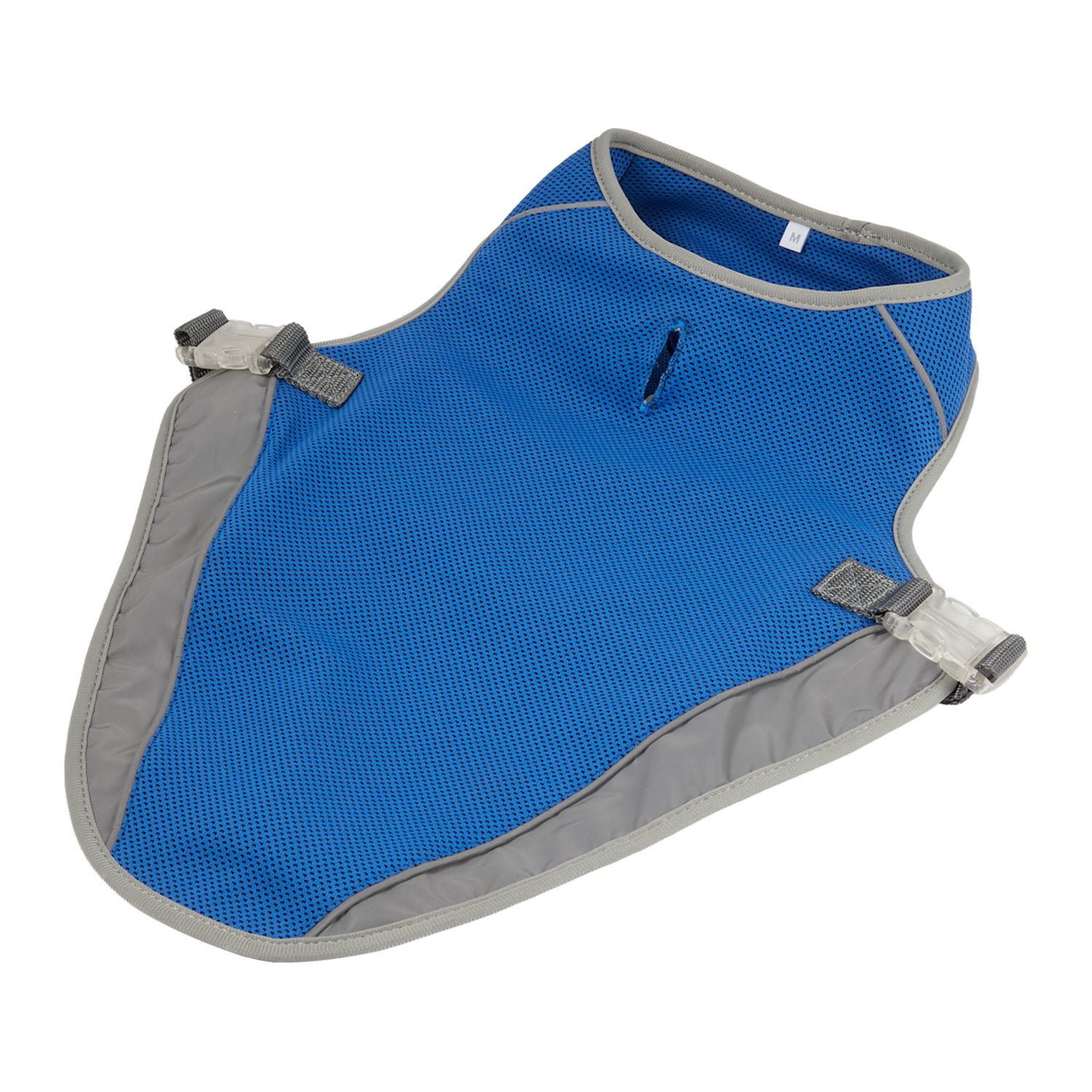 Blue reflective pet vest made from 100% polyester with reflective strips, lightweight construction, and an easy-access leash opening compatible with collars and harnesses.