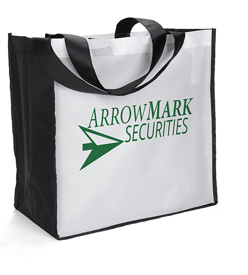 White polyester tote with black gussets and handles.