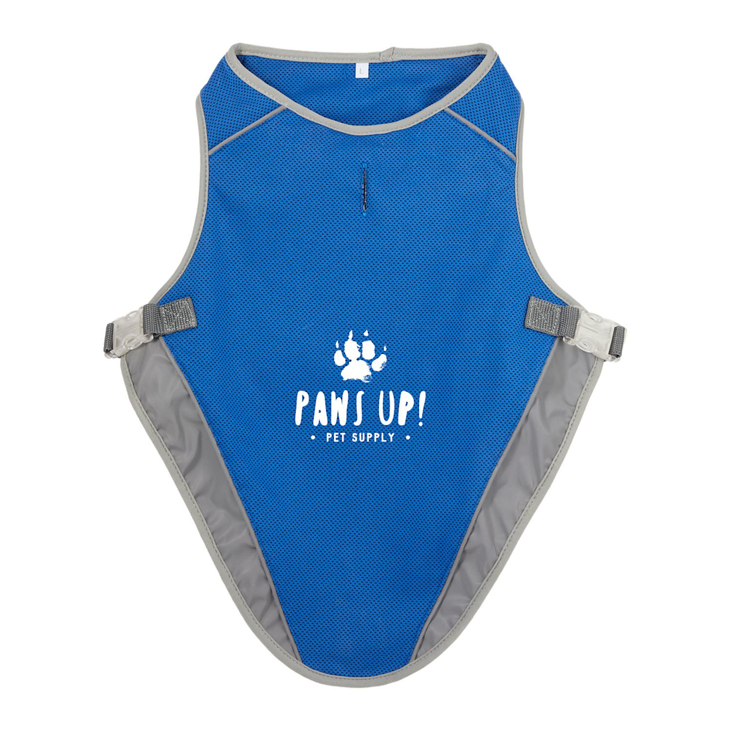 Blue reflective pet vest made from 100% polyester with reflective strips, lightweight construction, and an easy-access leash opening compatible with collars and harnesses.