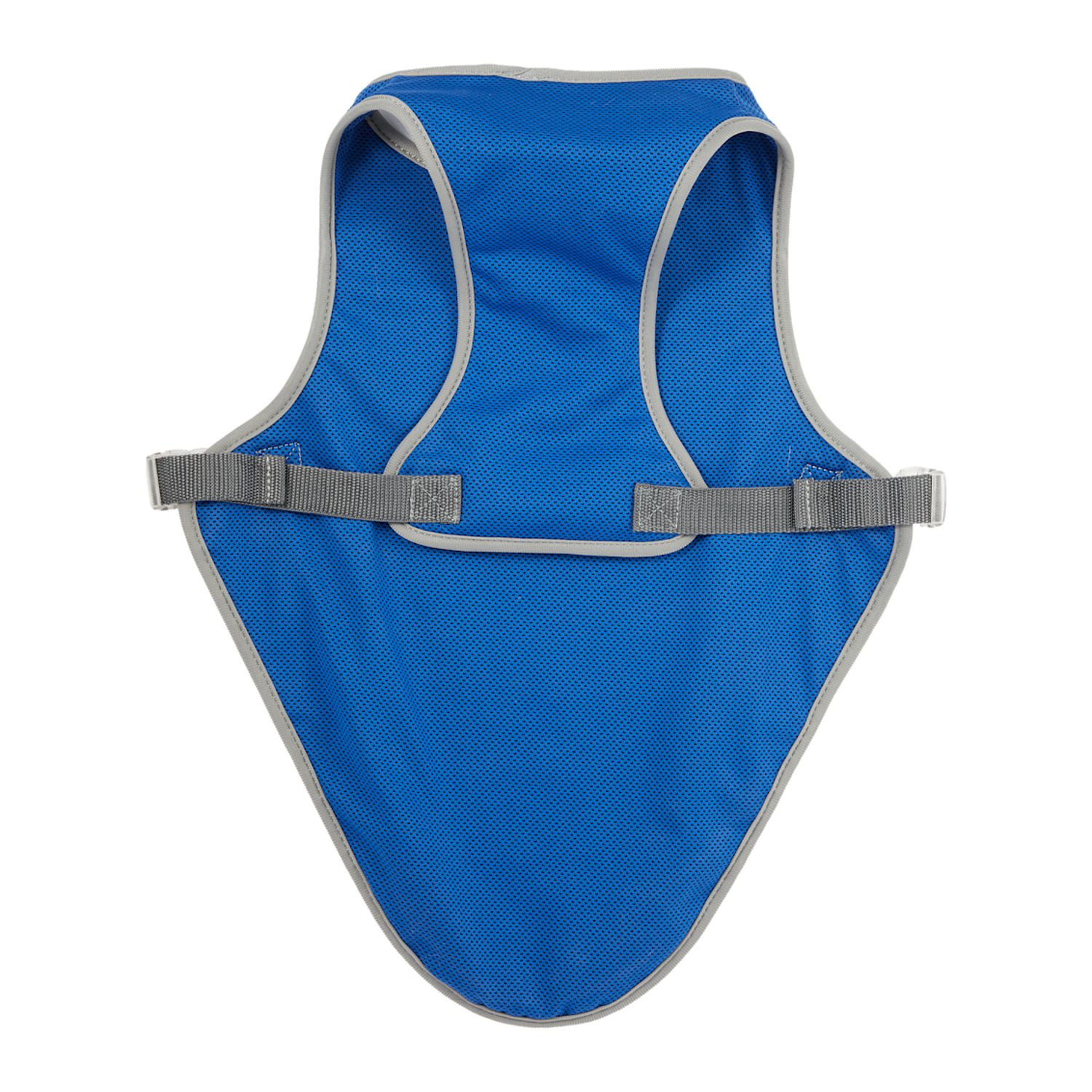 Blue reflective pet vest made from 100% polyester with reflective strips, lightweight construction, and an easy-access leash opening compatible with collars and harnesses.