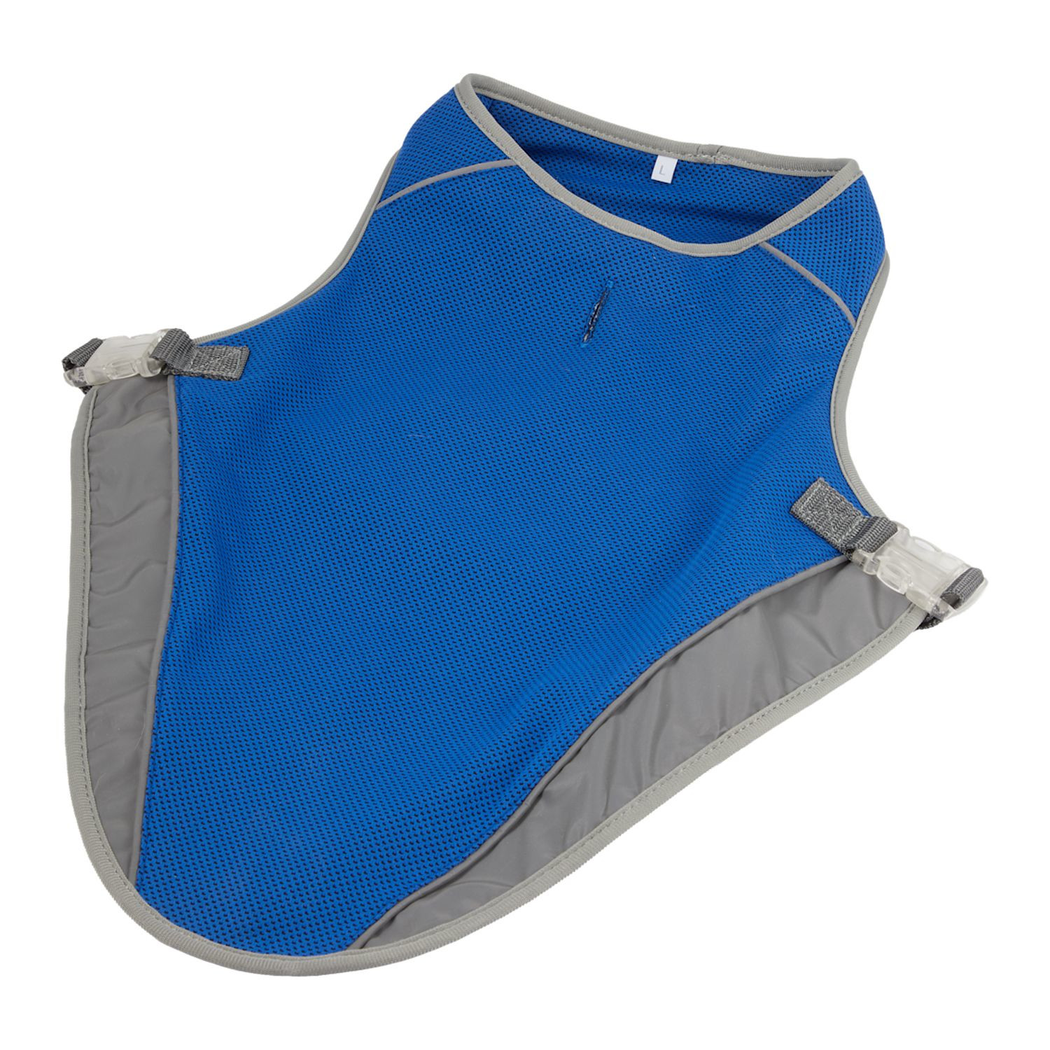 Blue reflective pet vest made from 100% polyester with reflective strips, lightweight construction, and an easy-access leash opening compatible with collars and harnesses.