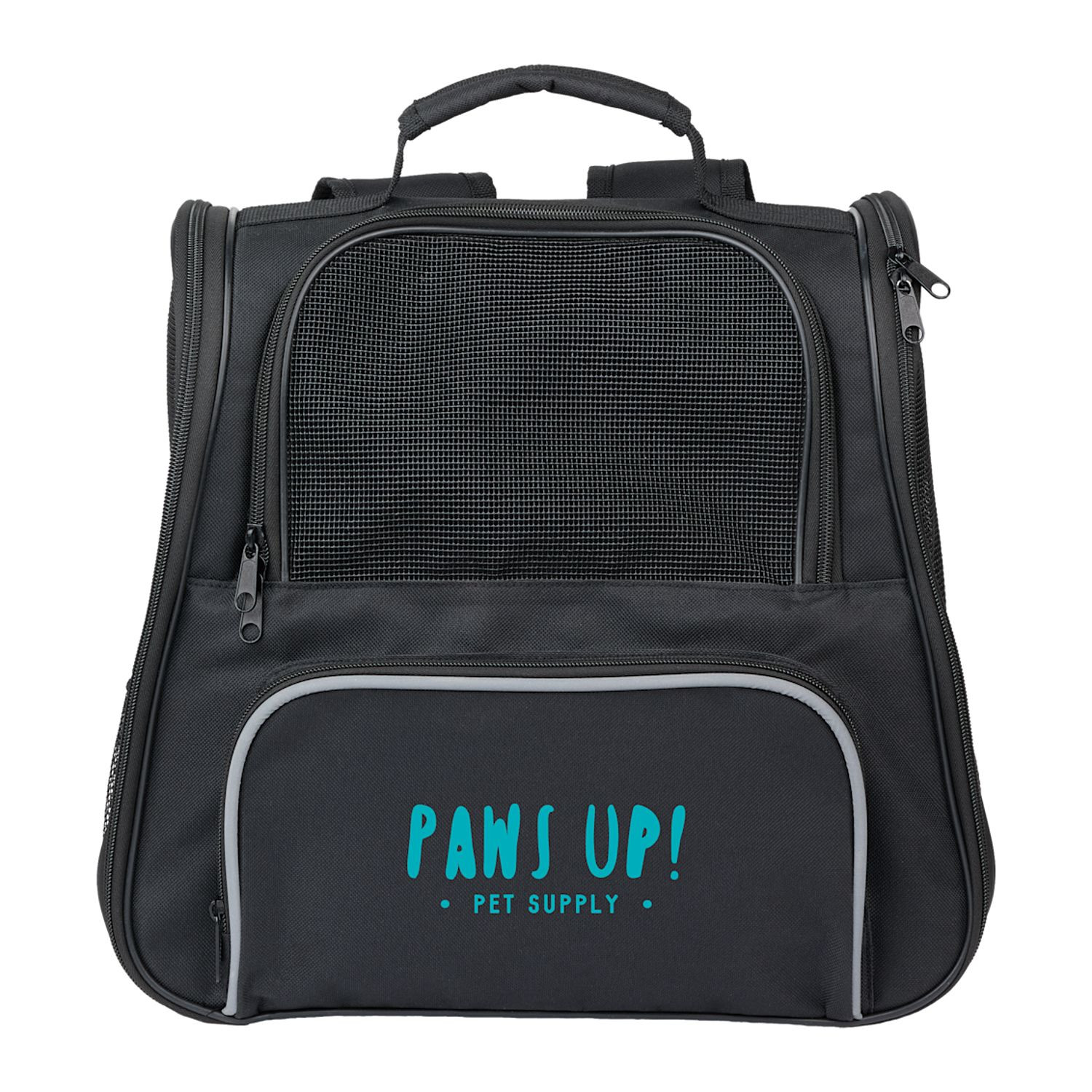 Black Collapsible backpack pet carrier for small dogs, cats, and pets up to 15 pounds, featuring breathable mesh windows, full-zip side panels, adjustable shoulder straps, a large front storage pocket, and a removable washable sherpa-lined base. Designed for comfortable, ventilated pet travel, vet visits, and outdoor adventures, it folds flat for convenient storage when not in use.