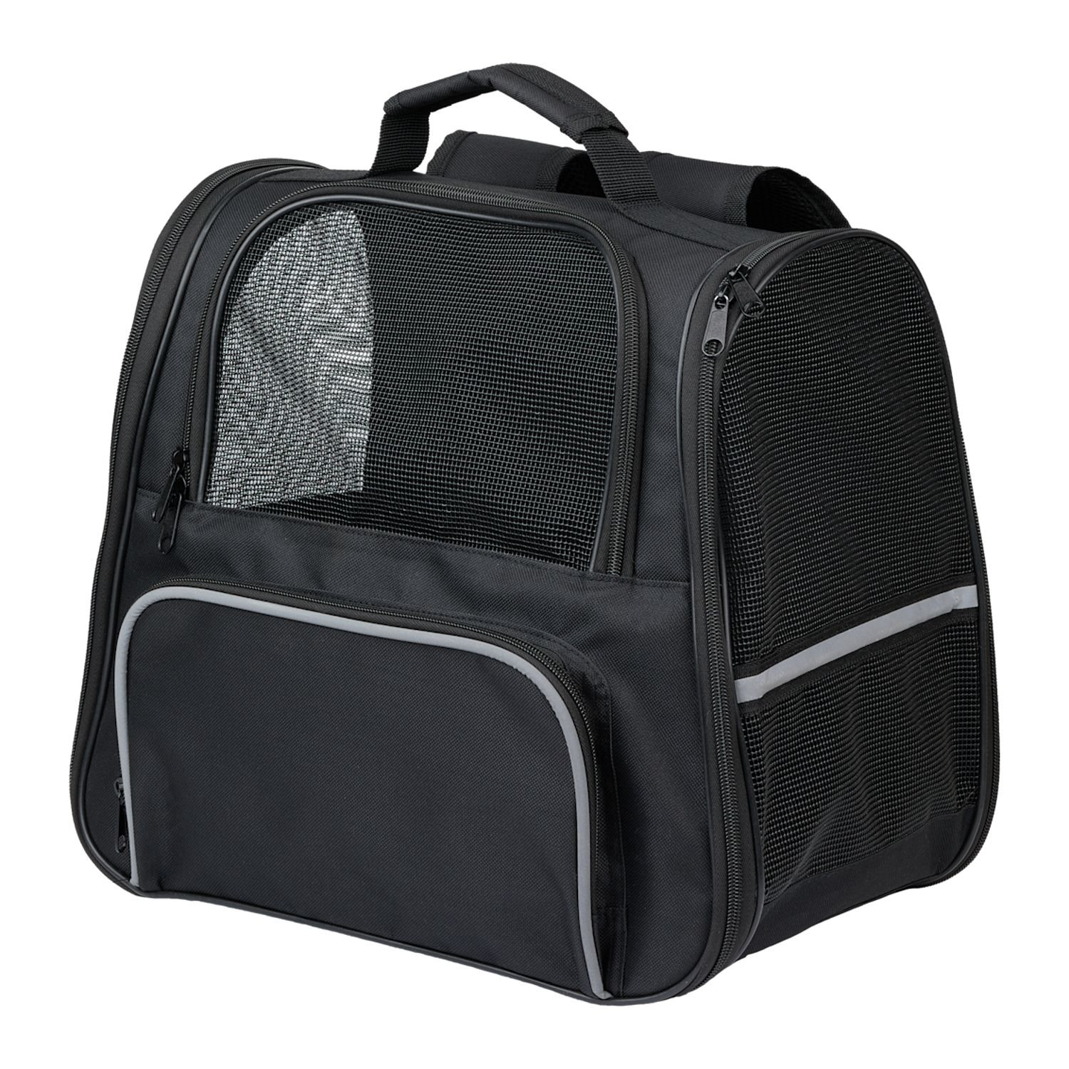 Black Collapsible backpack pet carrier for small dogs, cats, and pets up to 15 pounds, featuring breathable mesh windows, full-zip side panels, adjustable shoulder straps, a large front storage pocket, and a removable washable sherpa-lined base. Designed for comfortable, ventilated pet travel, vet visits, and outdoor adventures, it folds flat for convenient storage when not in use.