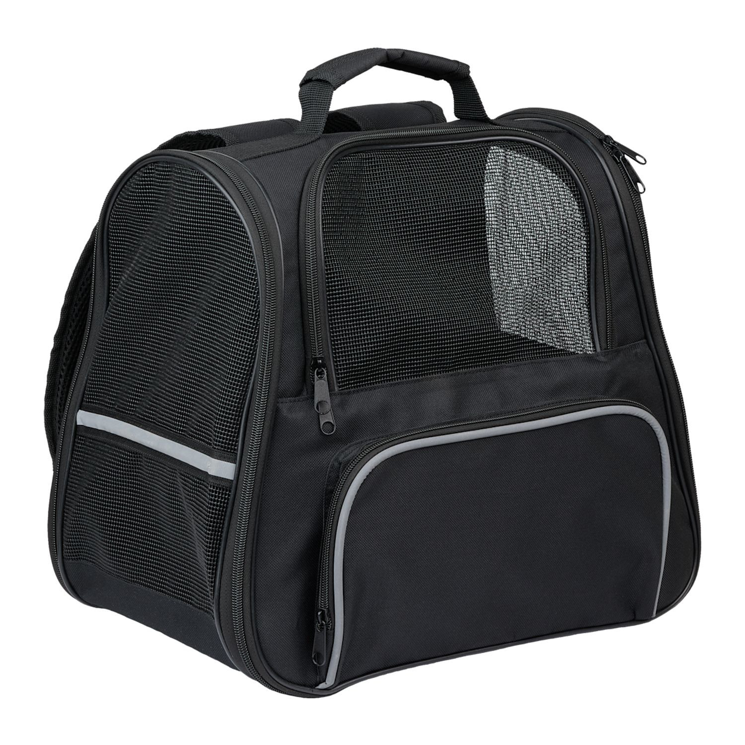 Black Collapsible backpack pet carrier for small dogs, cats, and pets up to 15 pounds, featuring breathable mesh windows, full-zip side panels, adjustable shoulder straps, a large front storage pocket, and a removable washable sherpa-lined base. Designed for comfortable, ventilated pet travel, vet visits, and outdoor adventures, it folds flat for convenient storage when not in use.