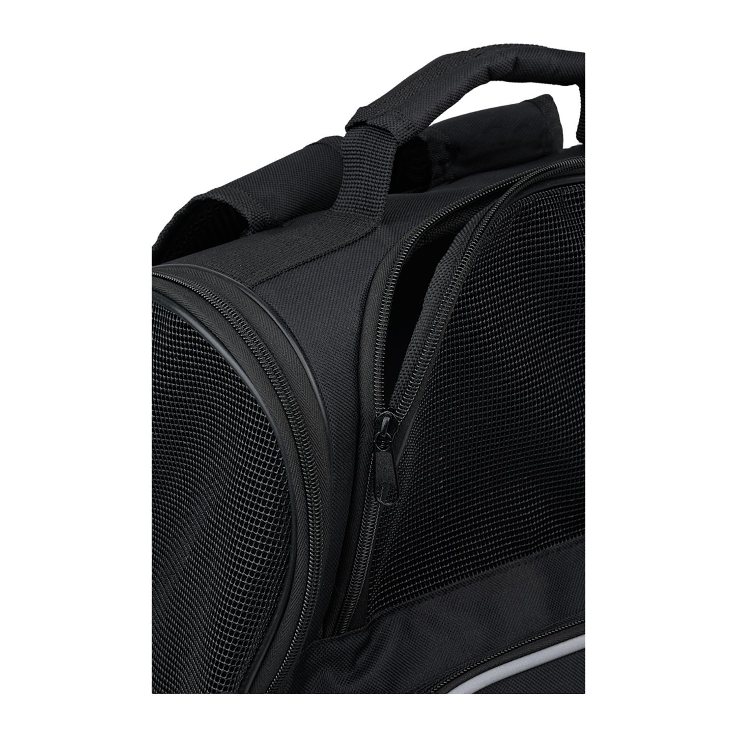 Black Collapsible backpack pet carrier for small dogs, cats, and pets up to 15 pounds, featuring breathable mesh windows, full-zip side panels, adjustable shoulder straps, a large front storage pocket, and a removable washable sherpa-lined base. Designed for comfortable, ventilated pet travel, vet visits, and outdoor adventures, it folds flat for convenient storage when not in use.