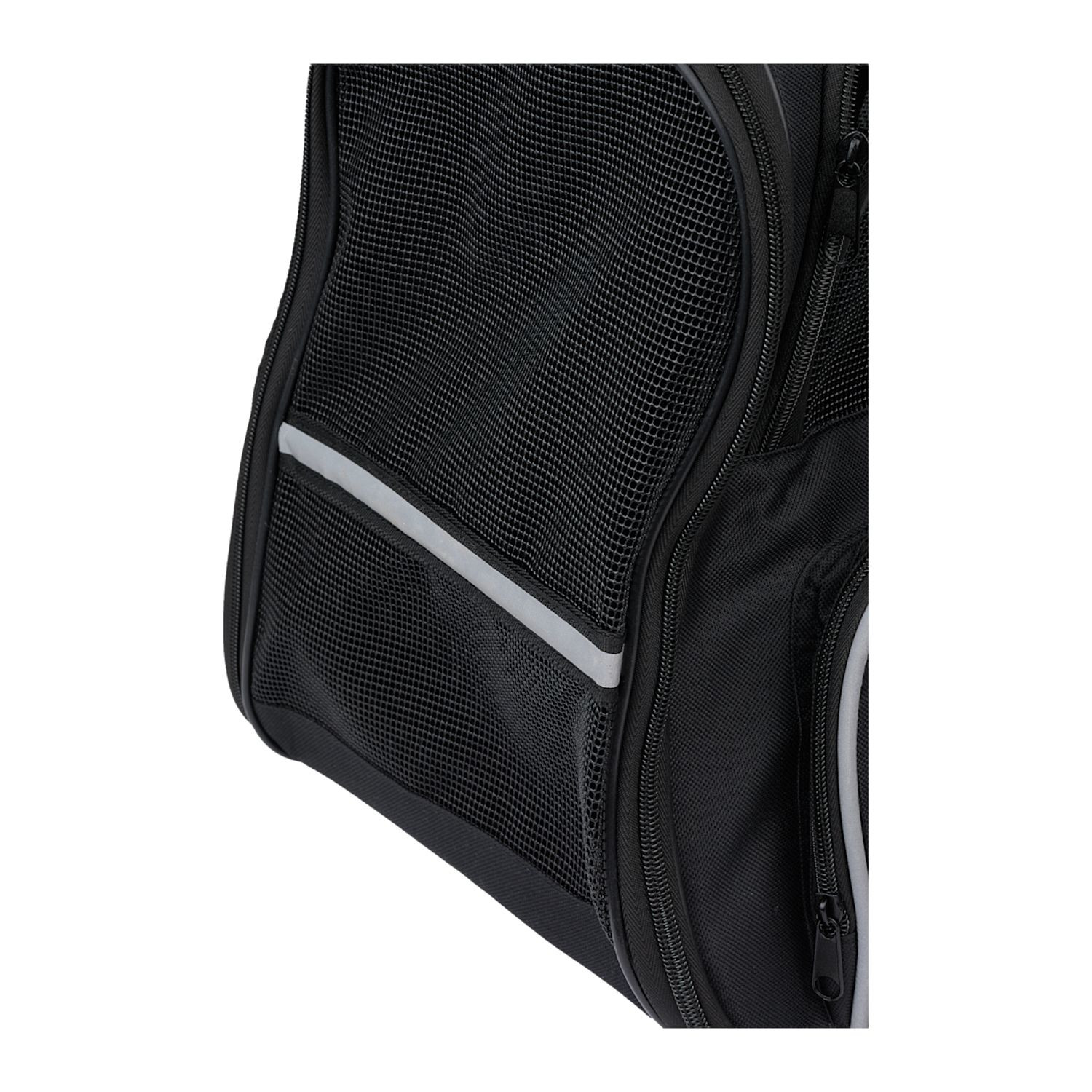 Black Collapsible backpack pet carrier for small dogs, cats, and pets up to 15 pounds, featuring breathable mesh windows, full-zip side panels, adjustable shoulder straps, a large front storage pocket, and a removable washable sherpa-lined base. Designed for comfortable, ventilated pet travel, vet visits, and outdoor adventures, it folds flat for convenient storage when not in use.