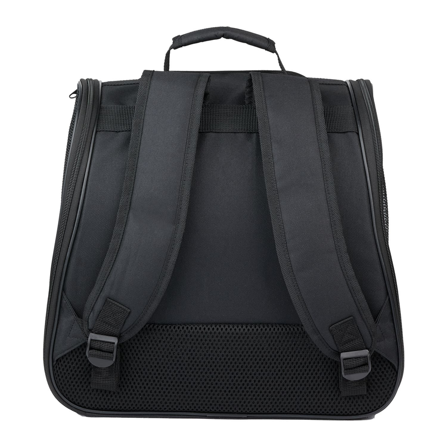 Black Collapsible backpack pet carrier for small dogs, cats, and pets up to 15 pounds, featuring breathable mesh windows, full-zip side panels, adjustable shoulder straps, a large front storage pocket, and a removable washable sherpa-lined base. Designed for comfortable, ventilated pet travel, vet visits, and outdoor adventures, it folds flat for convenient storage when not in use.