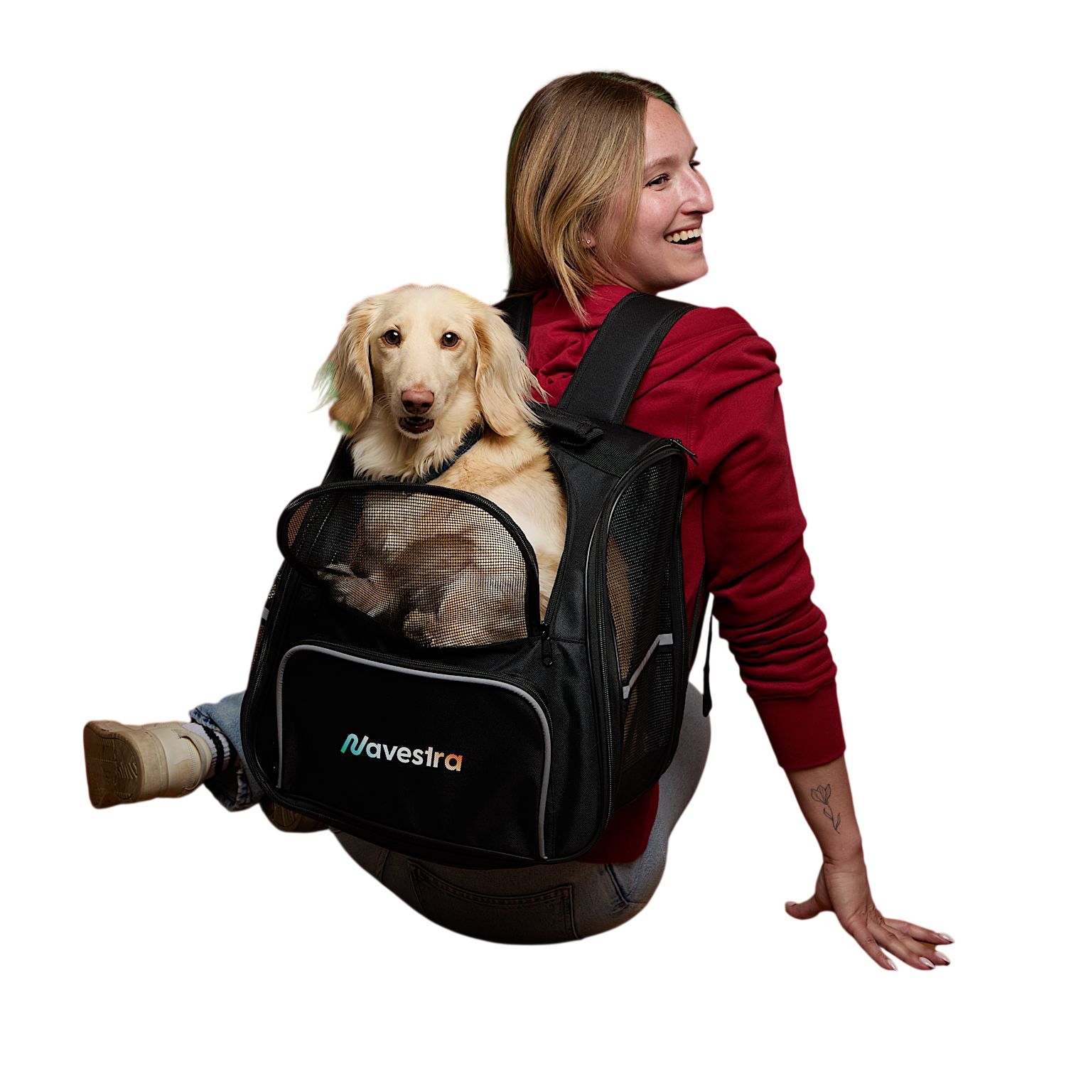 Black Collapsible backpack pet carrier for small dogs, cats, and pets up to 15 pounds, featuring breathable mesh windows, full-zip side panels, adjustable shoulder straps, a large front storage pocket, and a removable washable sherpa-lined base. Designed for comfortable, ventilated pet travel, vet visits, and outdoor adventures, it folds flat for convenient storage when not in use.
