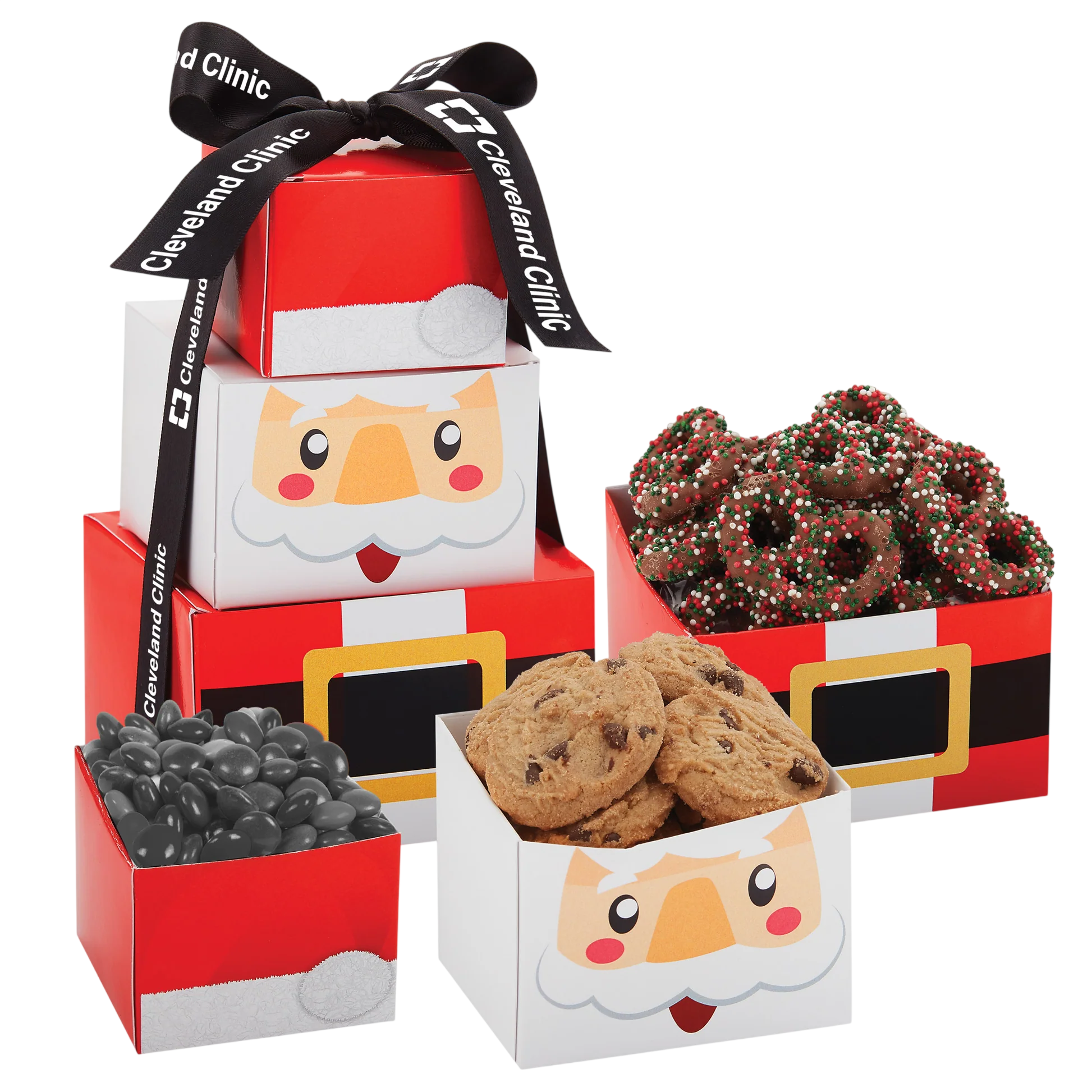 Festive holiday chocolate gift tower featuring a cheerful seasonal presentation filled with chocolate buttons, mini chocolate chip cookies, and chocolate-covered pretzels decorated with colorful holiday sprinkles. This assorted sweet treat gift set is ideal for holiday celebrations, employee appreciation, and client gifts, with options for custom branding.