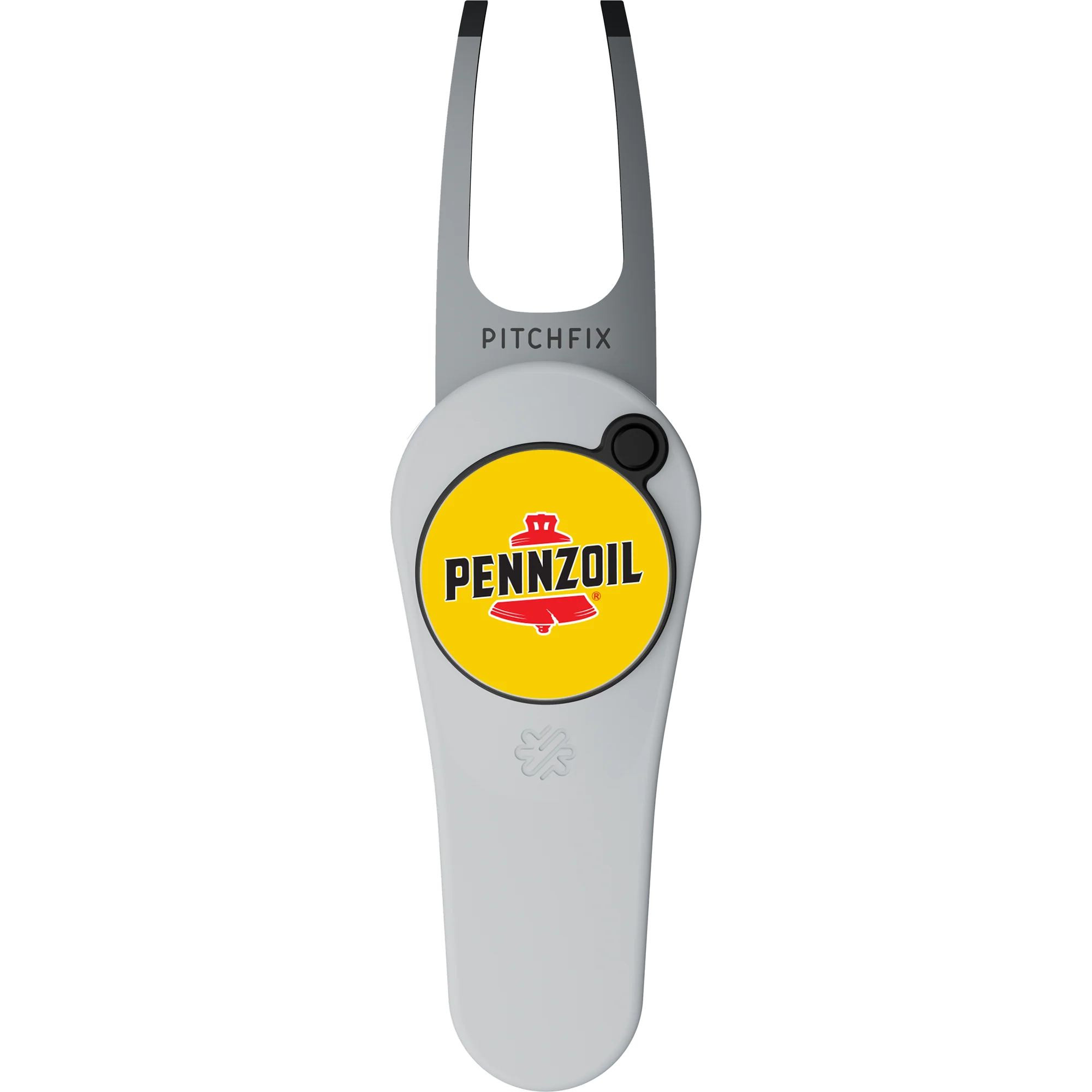 White golf divot repair tool with a durable ABS handle, stainless steel components, switchblade-style mechanism, and removable magnetic ball marker.