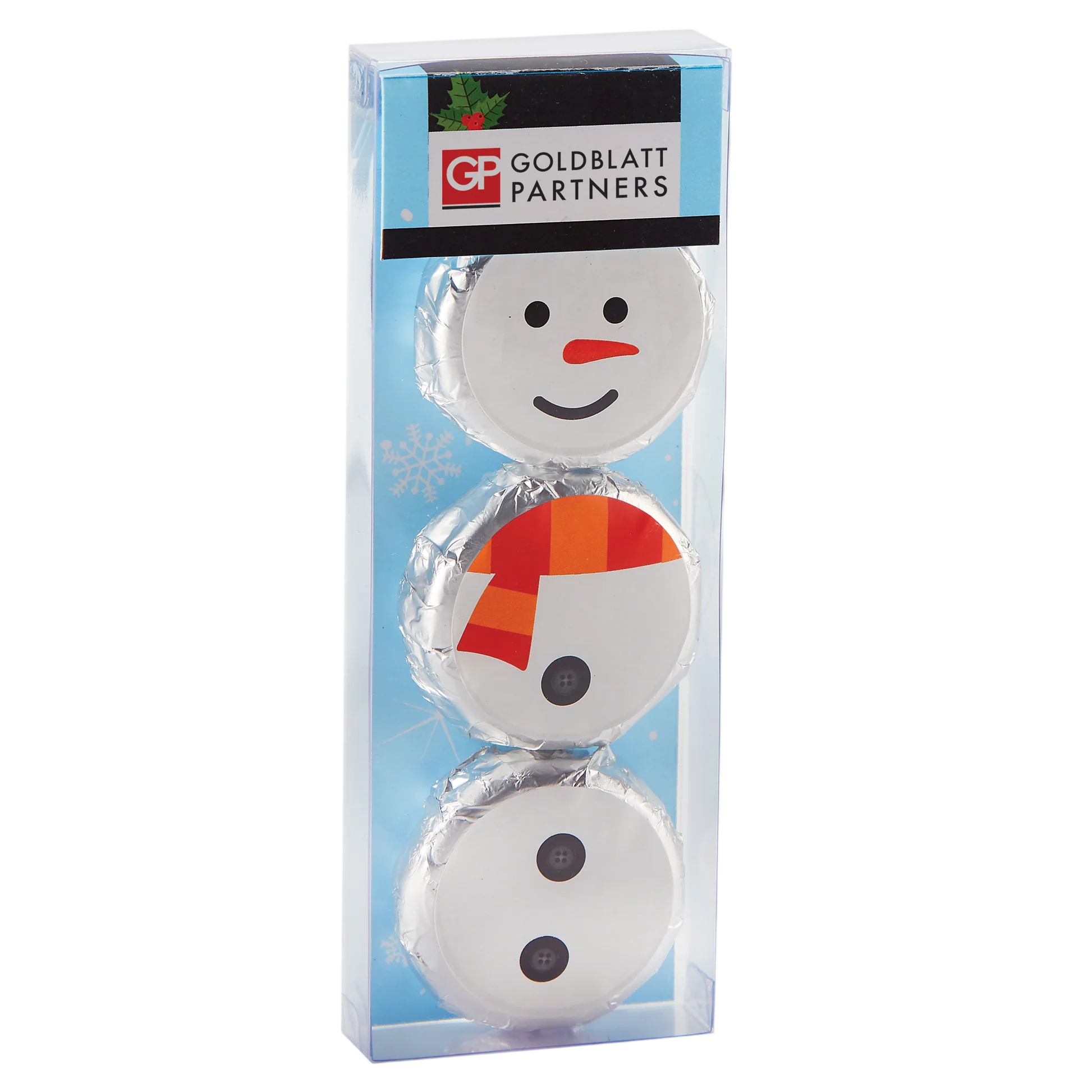 Festive snowman-themed holiday gift set featuring OREO® cookies coated in real Belgian chocolate, presented in a seasonal design perfect for Christmas celebrations. This sweet chocolate-covered cookie gift is ideal for client appreciation, employee gifts, and holiday gatherings, with customizable branding for a personalized promotional touch.