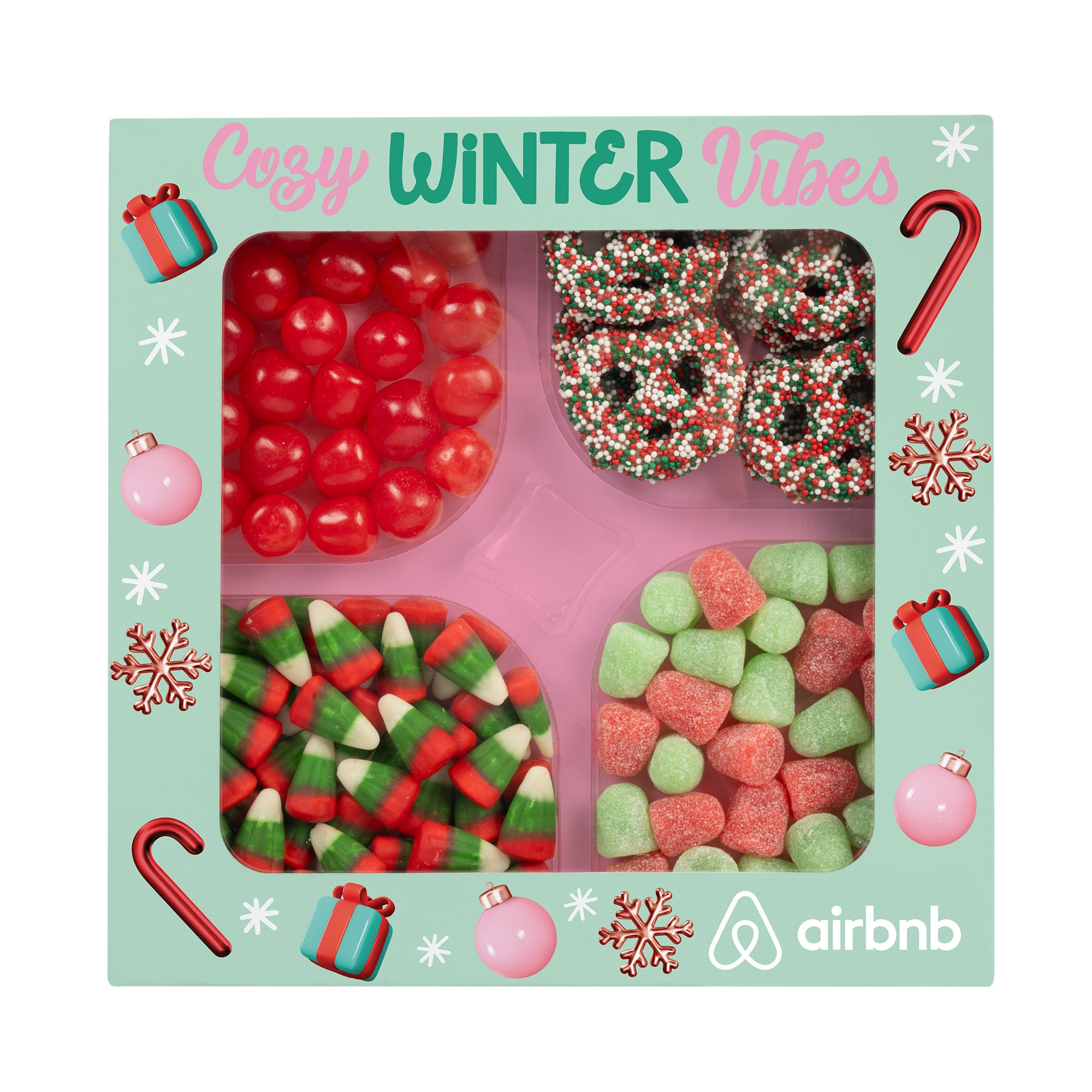 White holiday mini charcuterie board gift featuring cherry fruit sours, Christmas candy corn, holiday nonpareil mini pretzels, and Christmas spice drops with a full-color customizable presentation.
