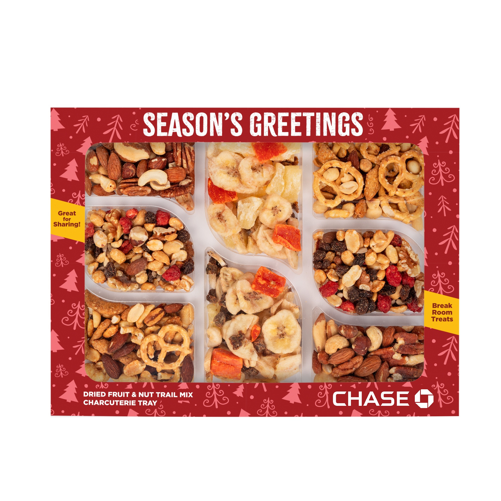 Healthy Harvest Charcuterie Tray in a full-color, die-cut custom box featuring a colorful assortment of Caribbean Delicacy Mix, mixed salted nuts, party mix, and energy mix. This snack gift set offers a convenient variety of crunchy, savory treats for corporate wellness programs, employee appreciation, client gifts, and conference refreshments, with customizable packaging for branded presentation.