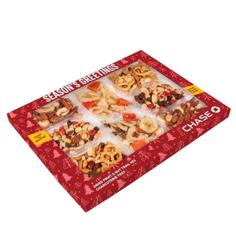 Healthy Harvest Charcuterie Tray in a full-color, die-cut custom box featuring a colorful assortment of Caribbean Delicacy Mix, mixed salted nuts, party mix, and energy mix. This snack gift set offers a convenient variety of crunchy, savory treats for corporate wellness programs, employee appreciation, client gifts, and conference refreshments, with customizable packaging for branded presentation.