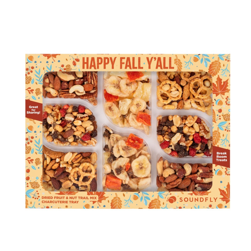 Healthy Harvest Charcuterie Tray in a full-color, die-cut custom box featuring a colorful assortment of Caribbean Delicacy Mix, mixed salted nuts, party mix, and energy mix. This snack gift set offers a convenient variety of crunchy, savory treats for corporate wellness programs, employee appreciation, client gifts, and conference refreshments, with customizable packaging for branded presentation.