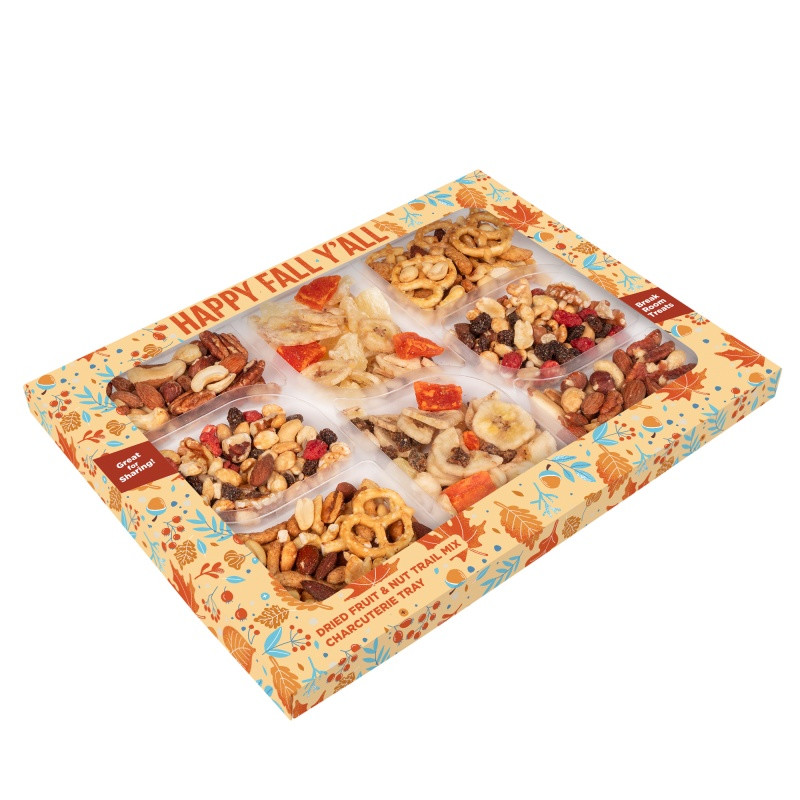 Healthy Harvest Charcuterie Tray in a full-color, die-cut custom box featuring a colorful assortment of Caribbean Delicacy Mix, mixed salted nuts, party mix, and energy mix. This snack gift set offers a convenient variety of crunchy, savory treats for corporate wellness programs, employee appreciation, client gifts, and conference refreshments, with customizable packaging for branded presentation.