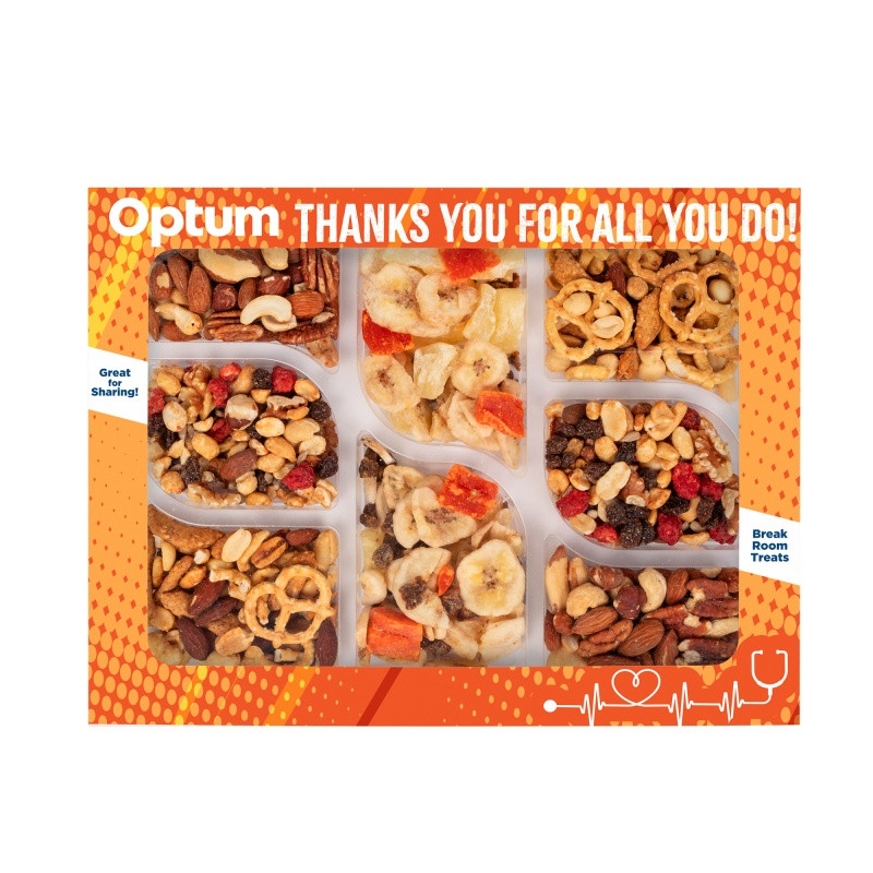 Healthy Harvest Charcuterie Tray in a full-color, die-cut custom box featuring a colorful assortment of Caribbean Delicacy Mix, mixed salted nuts, party mix, and energy mix. This snack gift set offers a convenient variety of crunchy, savory treats for corporate wellness programs, employee appreciation, client gifts, and conference refreshments, with customizable packaging for branded presentation.