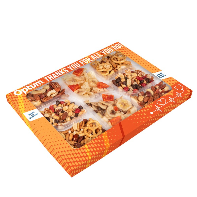 Healthy Harvest Charcuterie Tray in a full-color, die-cut custom box featuring a colorful assortment of Caribbean Delicacy Mix, mixed salted nuts, party mix, and energy mix. This snack gift set offers a convenient variety of crunchy, savory treats for corporate wellness programs, employee appreciation, client gifts, and conference refreshments, with customizable packaging for branded presentation.