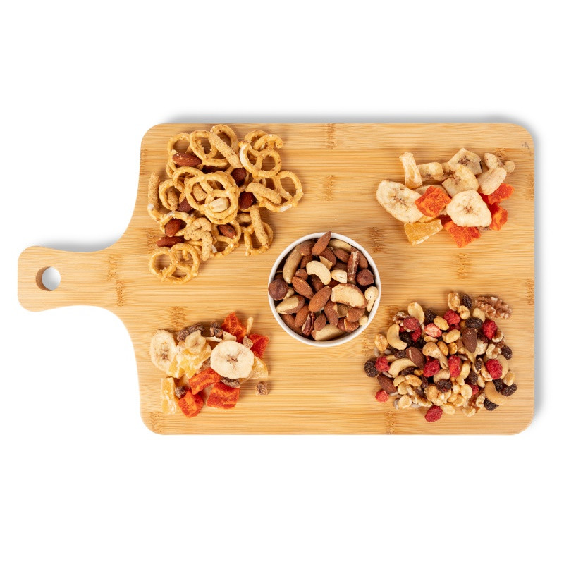 Healthy Harvest Charcuterie Tray in a full-color, die-cut custom box featuring a colorful assortment of Caribbean Delicacy Mix, mixed salted nuts, party mix, and energy mix. This snack gift set offers a convenient variety of crunchy, savory treats for corporate wellness programs, employee appreciation, client gifts, and conference refreshments, with customizable packaging for branded presentation.