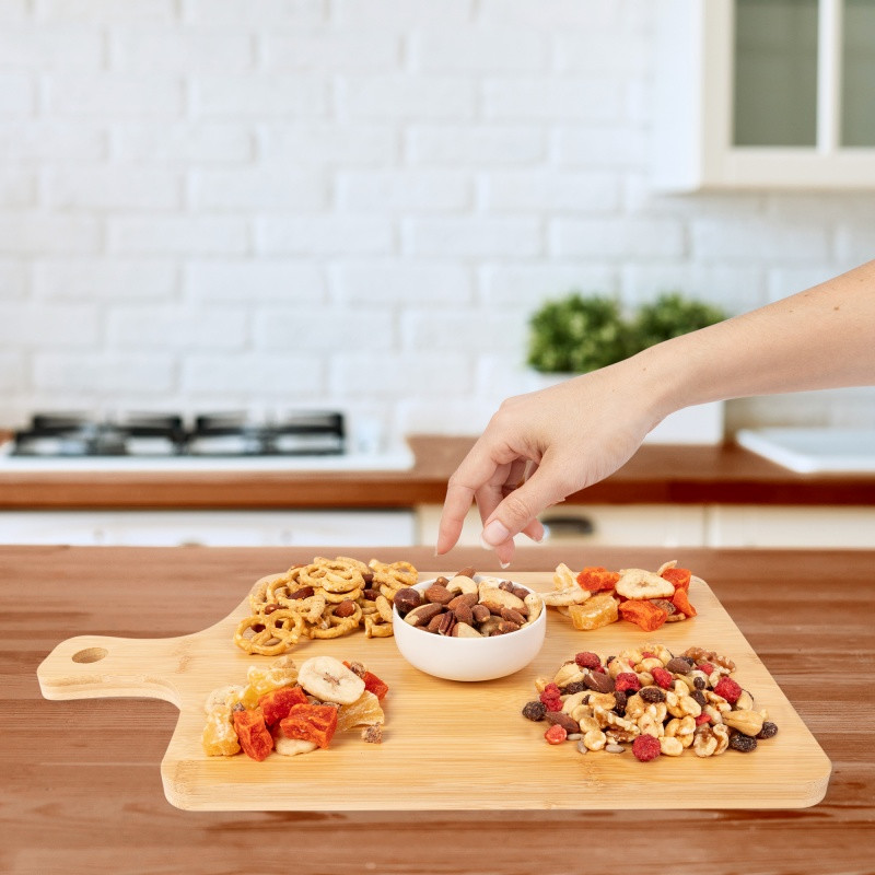 Healthy Harvest Charcuterie Tray in a full-color, die-cut custom box featuring a colorful assortment of Caribbean Delicacy Mix, mixed salted nuts, party mix, and energy mix. This snack gift set offers a convenient variety of crunchy, savory treats for corporate wellness programs, employee appreciation, client gifts, and conference refreshments, with customizable packaging for branded presentation.
