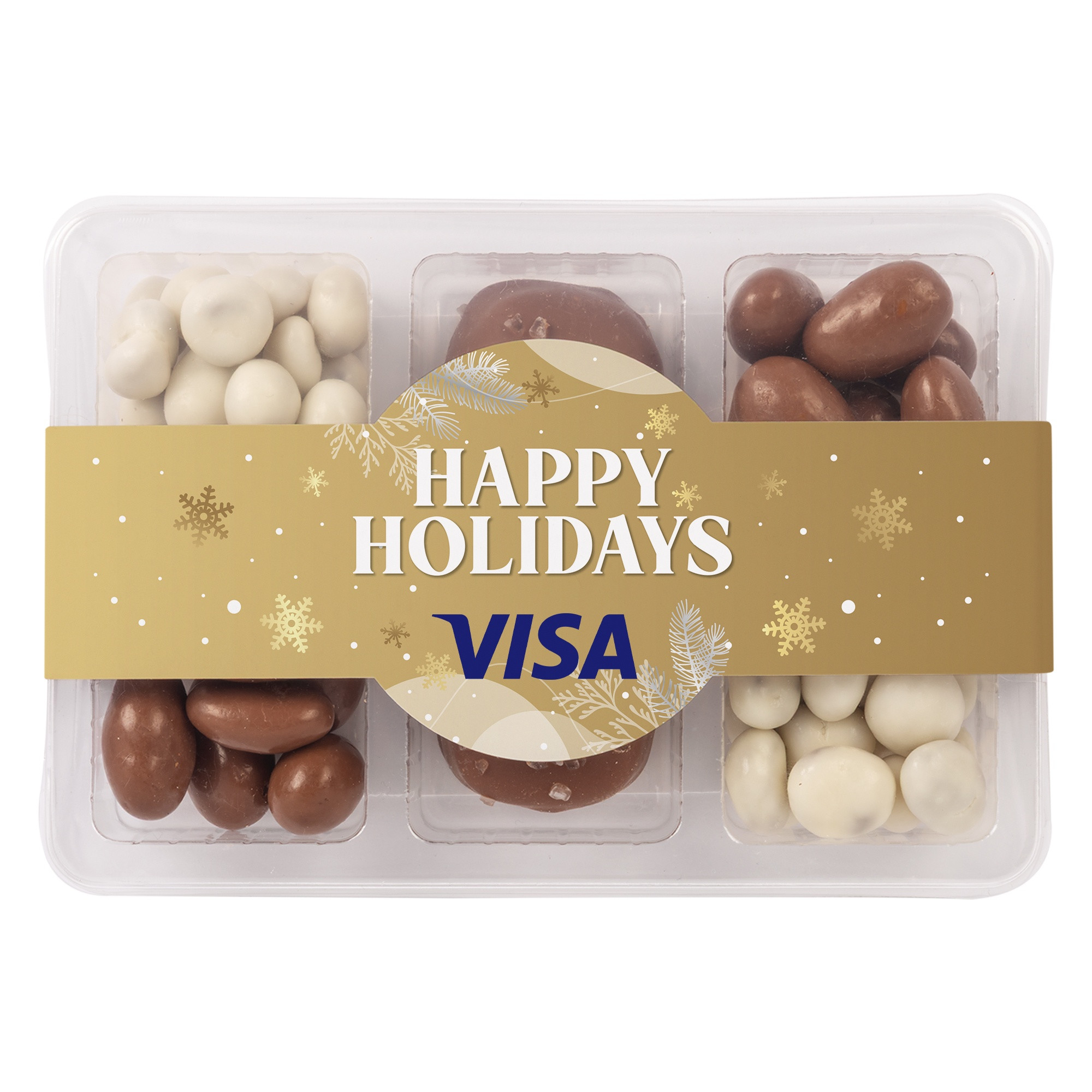 Clear mini tackle box filled with milk or dark chocolate sea salt caramels, chocolate-covered almonds, and yogurt-coated raisins, featuring six candy compartments and a full-color sleeve.