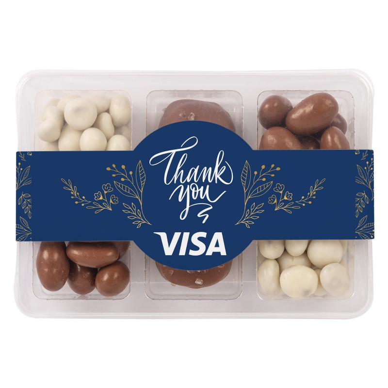 Clear mini tackle box filled with milk or dark chocolate sea salt caramels, chocolate-covered almonds, and yogurt-coated raisins, featuring six candy compartments and a full-color sleeve.