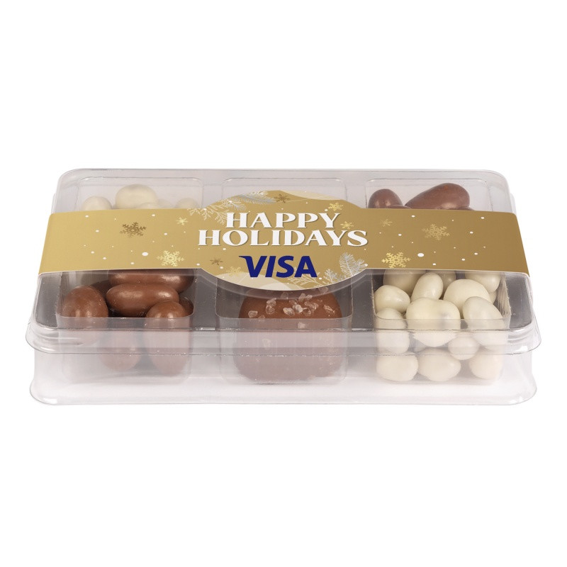 Clear mini tackle box filled with milk or dark chocolate sea salt caramels, chocolate-covered almonds, and yogurt-coated raisins, featuring six candy compartments and a full-color sleeve.