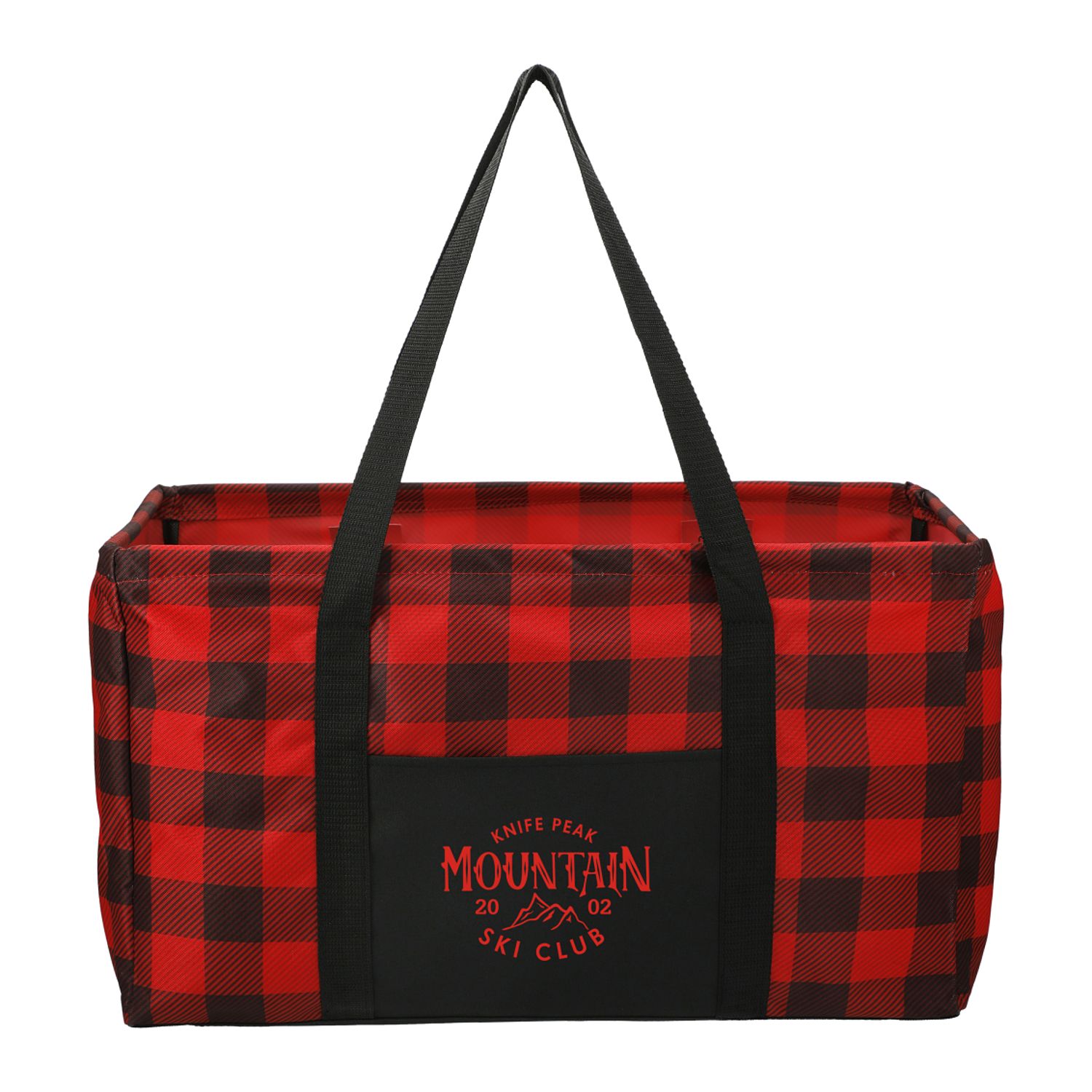 Red and black buffalo plaid utility tote made from durable 600D polyester with an open main compartment for shopping, everyday essentials, and promotional use.