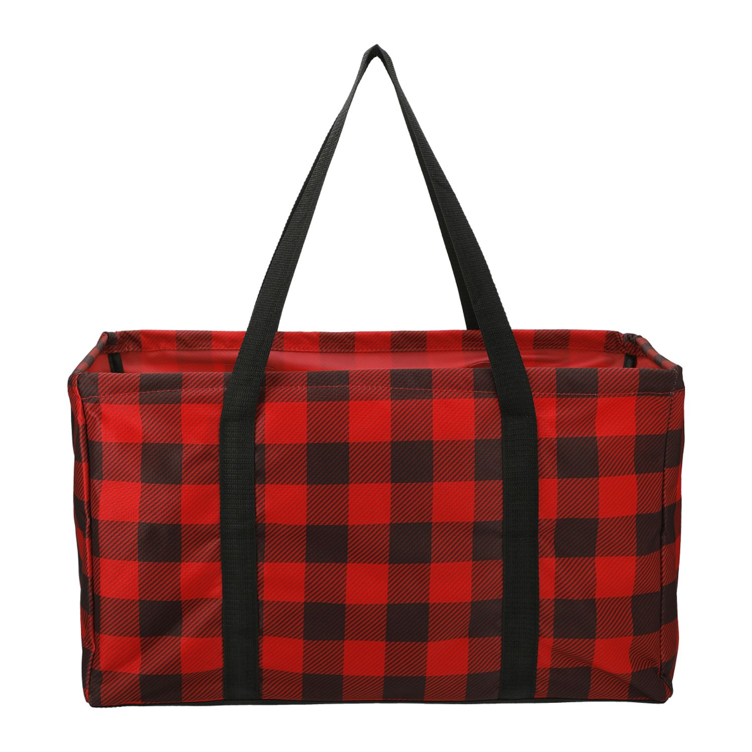 Red and black buffalo plaid utility tote made from durable 600D polyester with an open main compartment for shopping, everyday essentials, and promotional use.