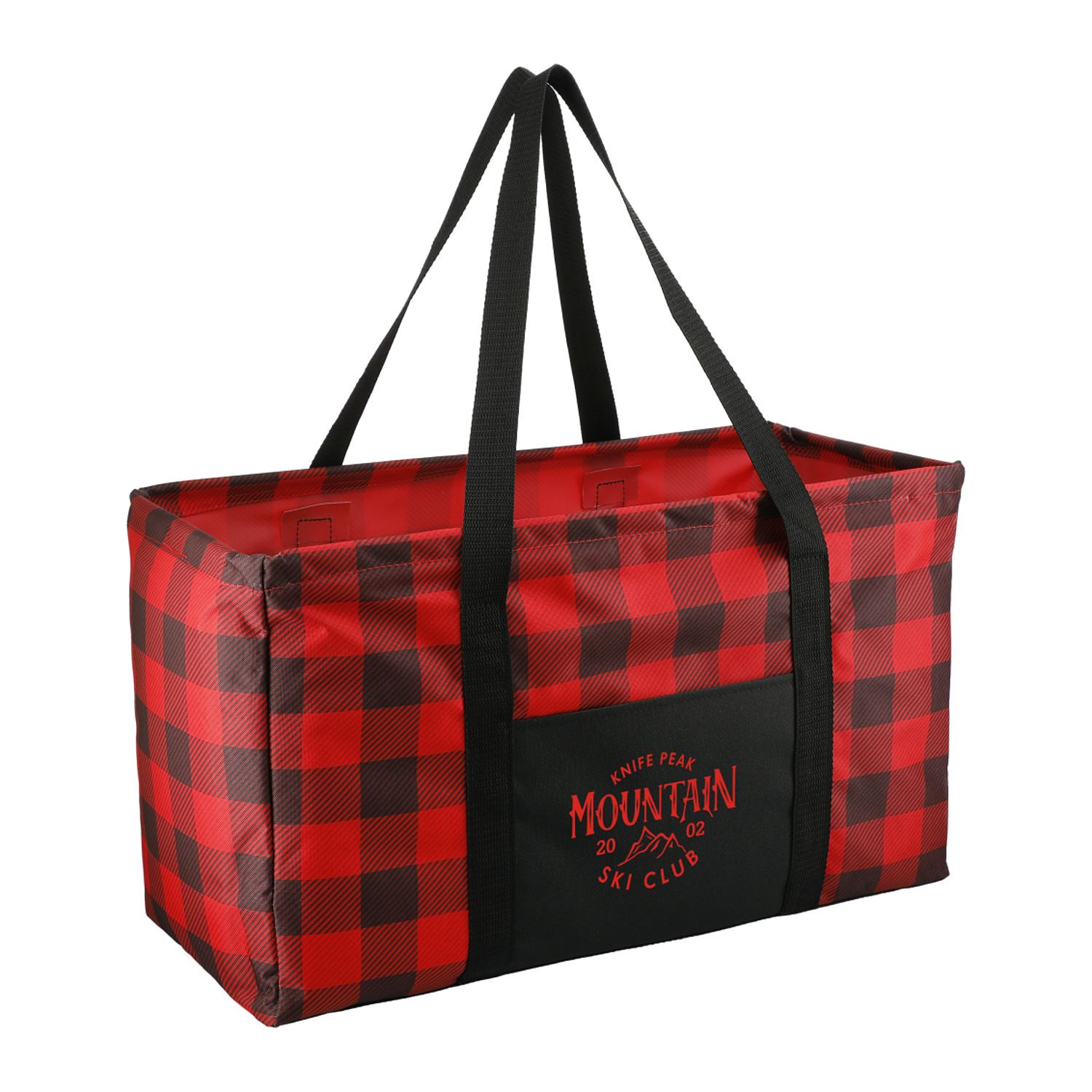 Red and black buffalo plaid utility tote made from durable 600D polyester with an open main compartment for shopping, everyday essentials, and promotional use.