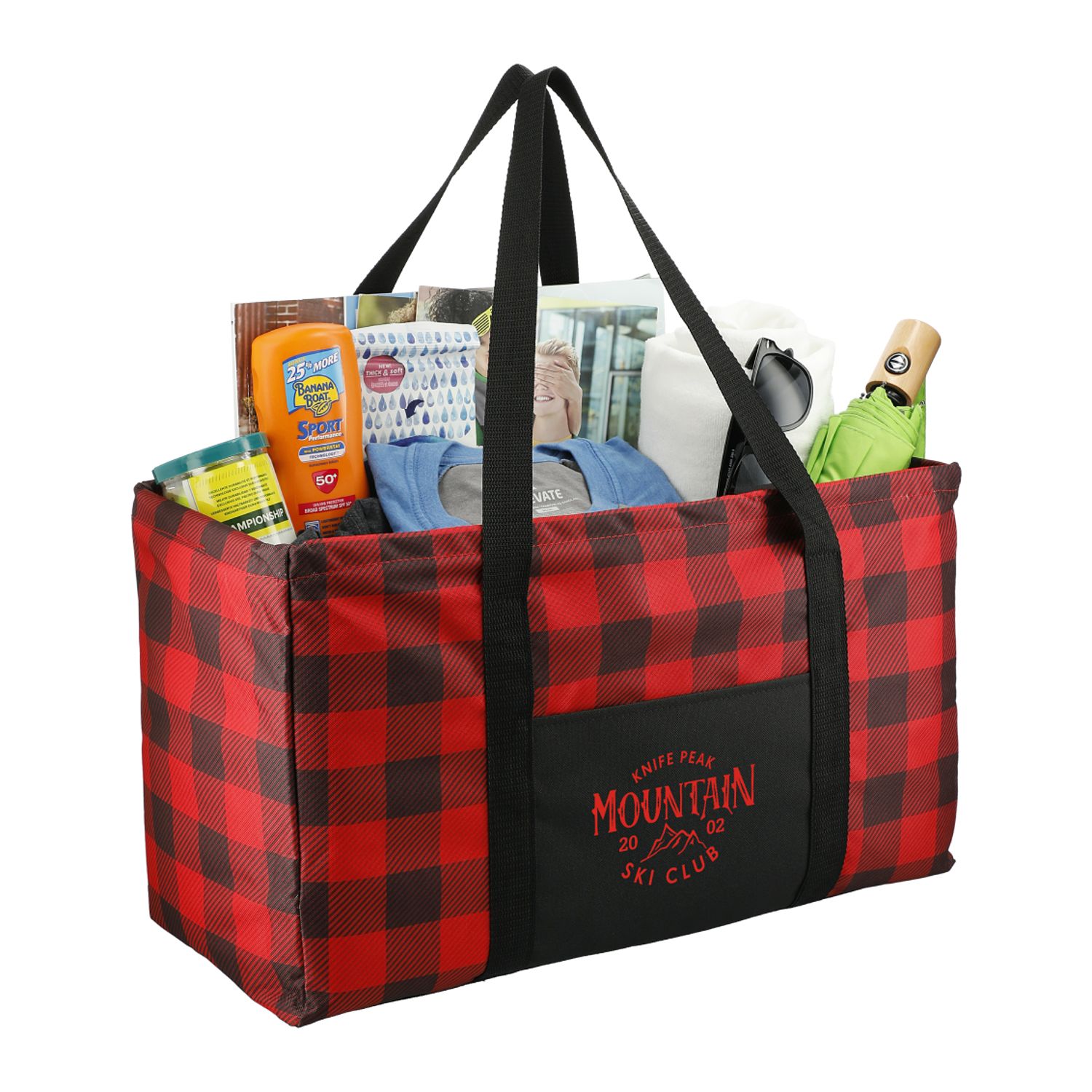 Red and black buffalo plaid utility tote made from durable 600D polyester with an open main compartment for shopping, everyday essentials, and promotional use.