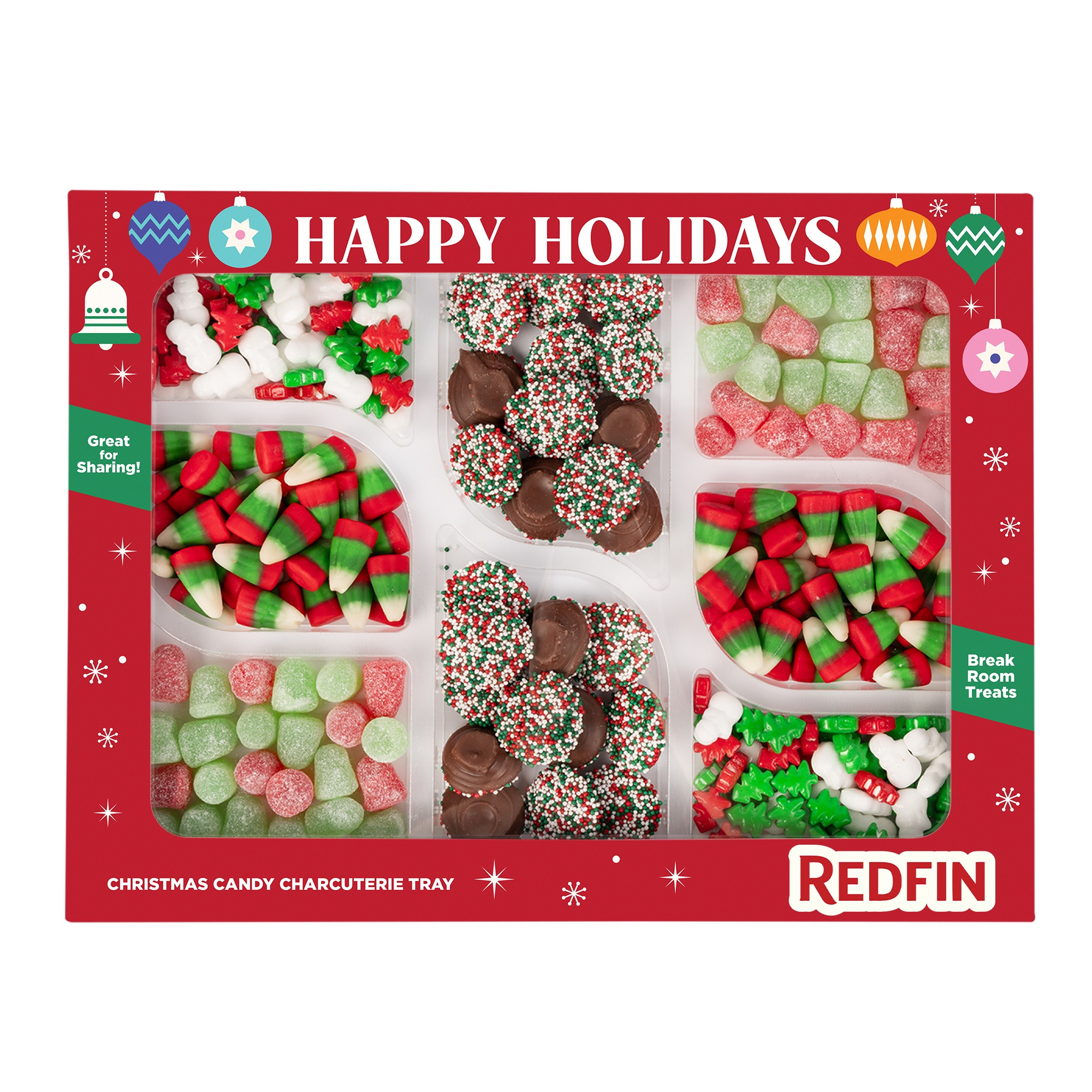 Custom Holiday Candy Assortment Gift Box featuring four festive treats: Christmas Spice Drops, milk chocolate Christmas nonpareils, holiday candy corn, and Frosty’s Forest dextrose candy mix. Contains a total of 17.7 oz. of assorted holiday candies in a custom full-color die-cut box, ideal for holiday parties, corporate gifts, and seasonal celebrations.