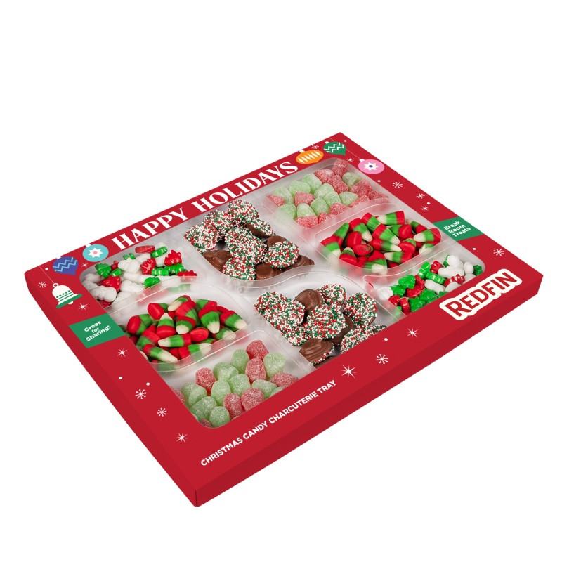 Custom Holiday Candy Assortment Gift Box featuring four festive treats: Christmas Spice Drops, milk chocolate Christmas nonpareils, holiday candy corn, and Frosty’s Forest dextrose candy mix. Contains a total of 17.7 oz. of assorted holiday candies in a custom full-color die-cut box, ideal for holiday parties, corporate gifts, and seasonal celebrations.