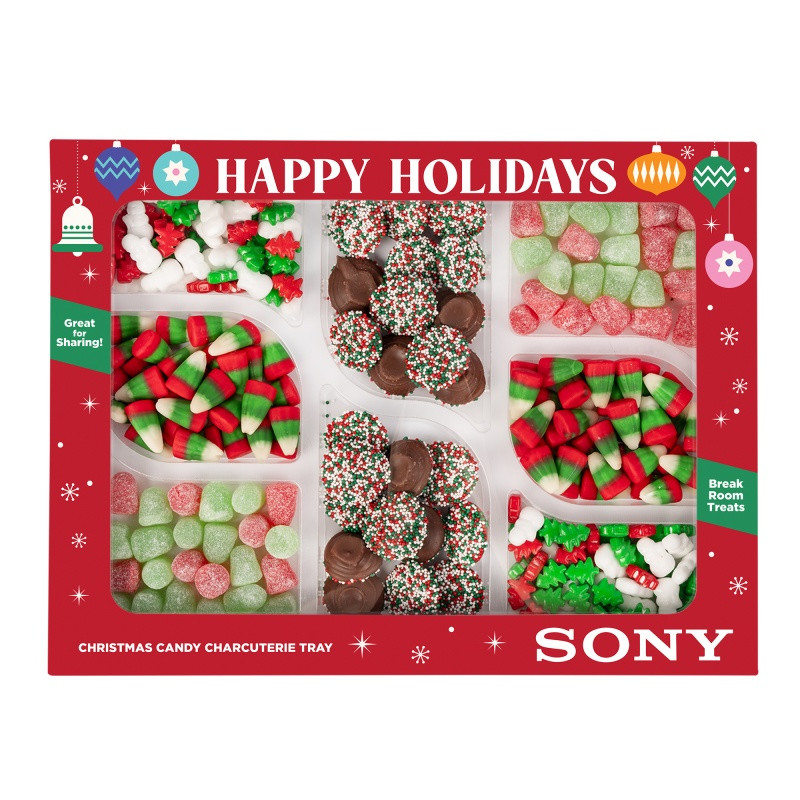 Custom Holiday Candy Assortment Gift Box featuring four festive treats: Christmas Spice Drops, milk chocolate Christmas nonpareils, holiday candy corn, and Frosty’s Forest dextrose candy mix. Contains a total of 17.7 oz. of assorted holiday candies in a custom full-color die-cut box, ideal for holiday parties, corporate gifts, and seasonal celebrations.