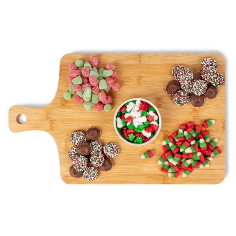 Custom Holiday Candy Assortment Gift Box featuring four festive treats: Christmas Spice Drops, milk chocolate Christmas nonpareils, holiday candy corn, and Frosty’s Forest dextrose candy mix. Contains a total of 17.7 oz. of assorted holiday candies in a custom full-color die-cut box, ideal for holiday parties, corporate gifts, and seasonal celebrations.