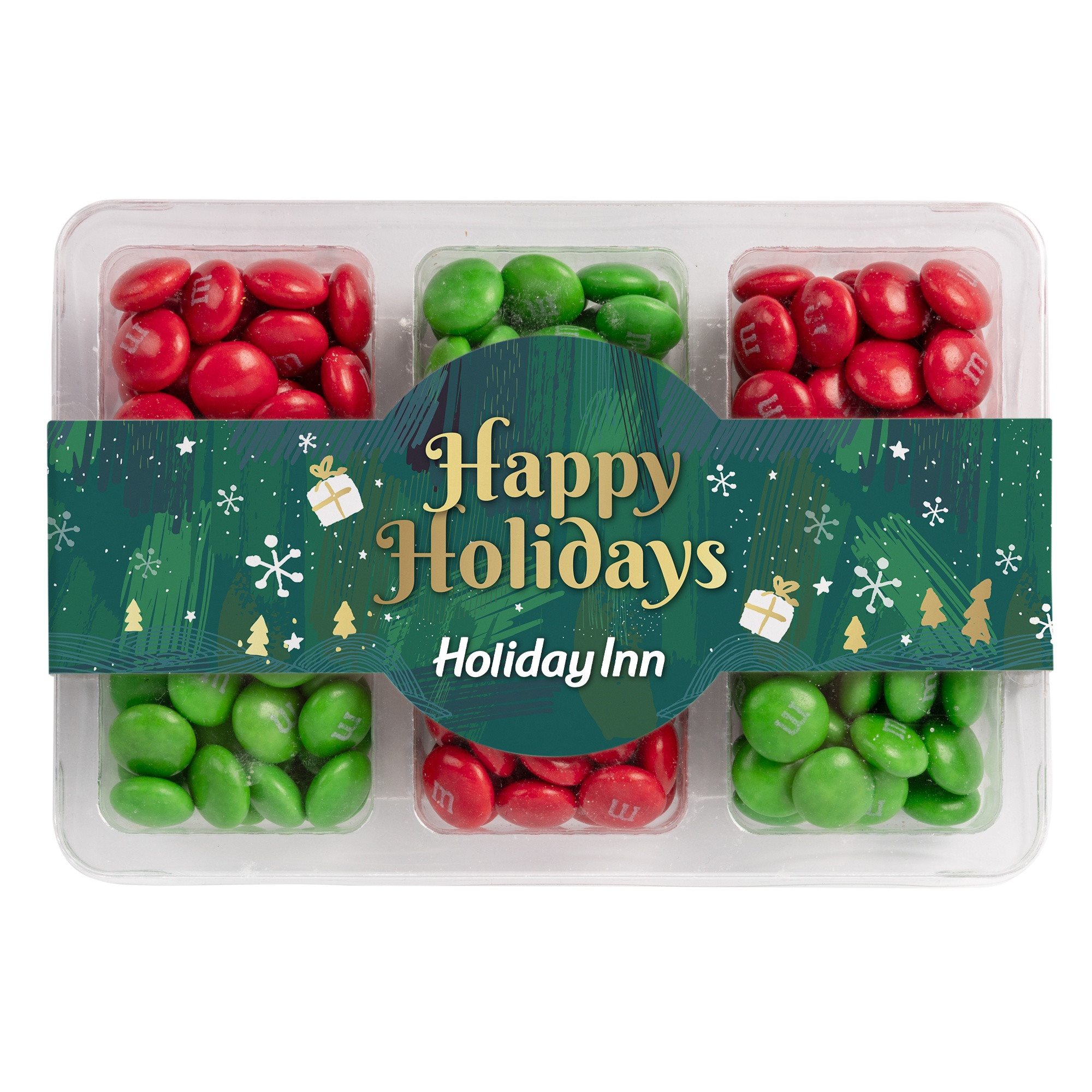 Clear mini tackle box filled with colorful M&M'S® chocolate candies in six compartments and a customizable full-color sleeve.