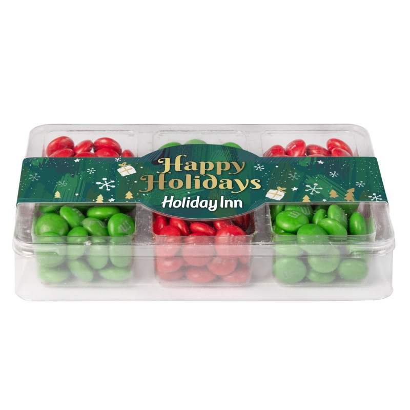 Clear mini tackle box filled with colorful M&M'S® chocolate candies in six compartments and a customizable full-color sleeve.