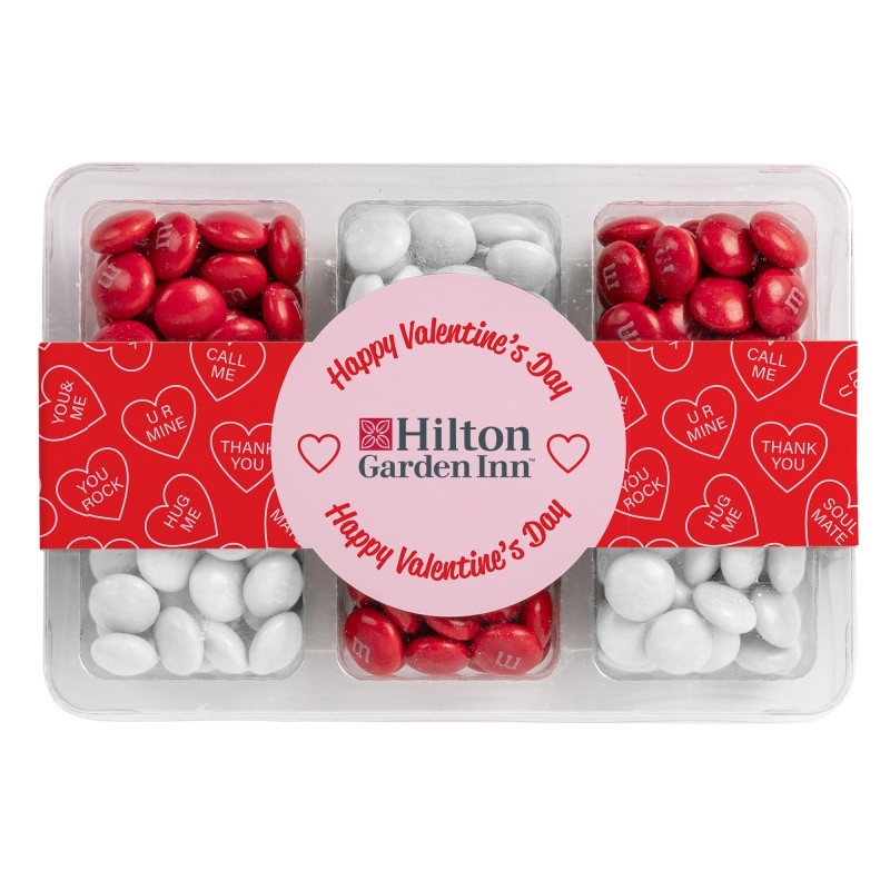 Clear mini tackle box filled with colorful M&M'S® chocolate candies in six compartments and a customizable full-color sleeve.