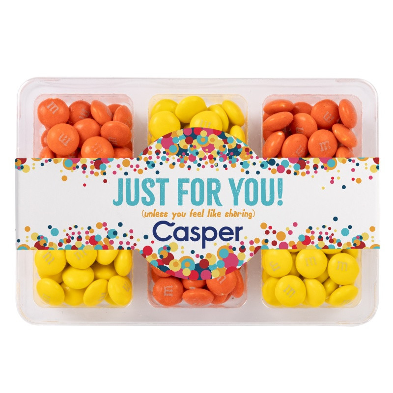 Clear mini tackle box filled with colorful M&M'S® chocolate candies in six compartments and a customizable full-color sleeve.