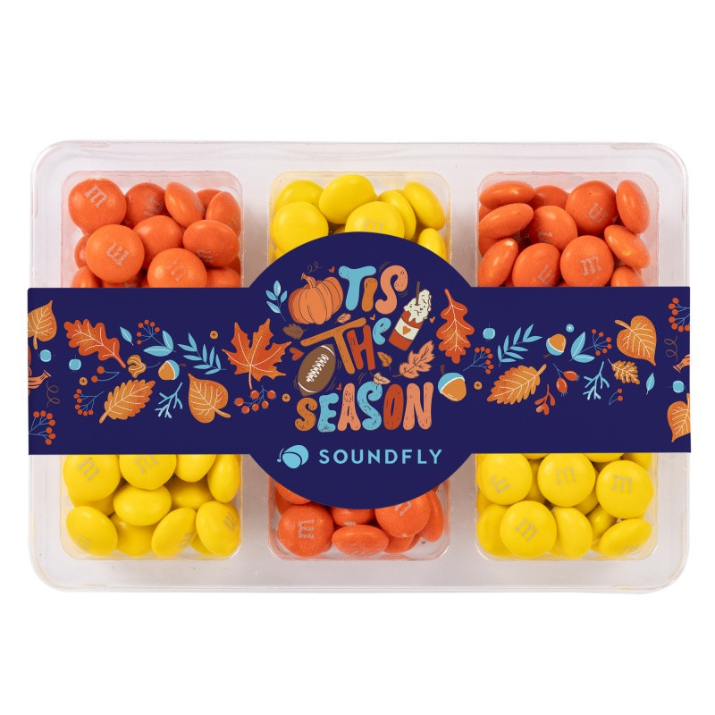 Clear mini tackle box filled with colorful M&M'S® chocolate candies in six compartments and a customizable full-color sleeve.