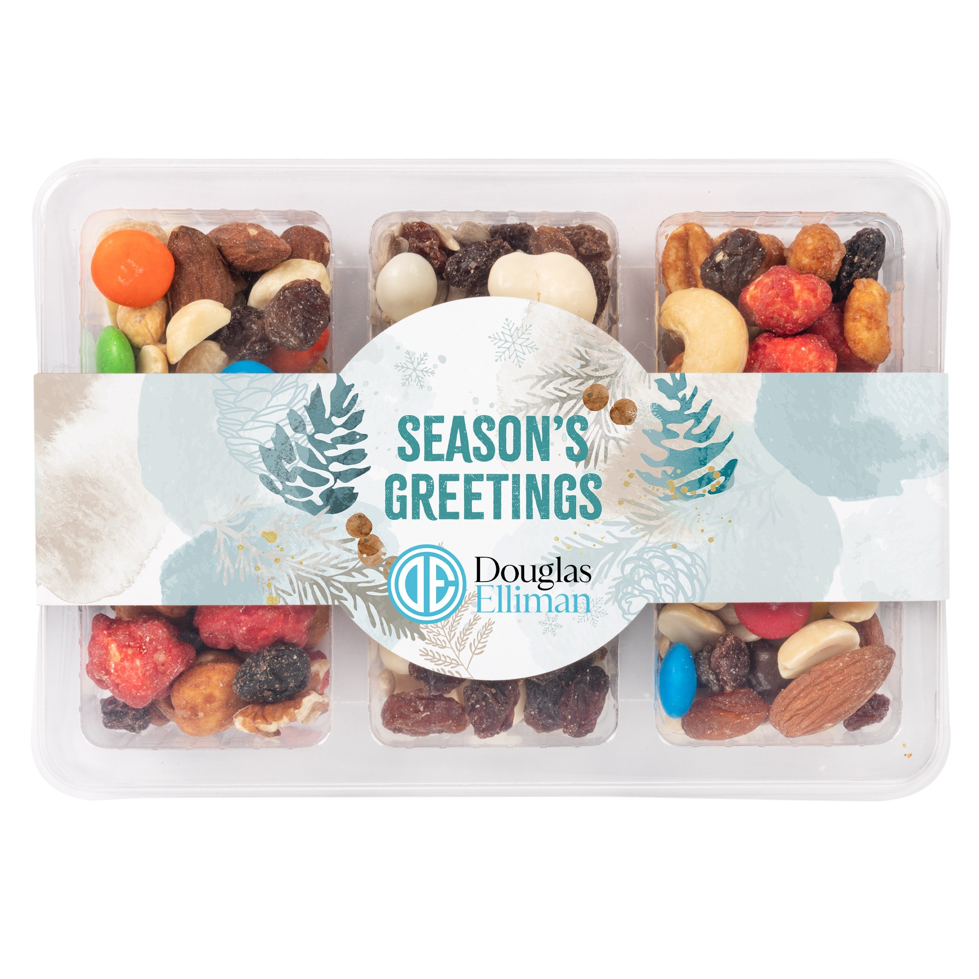 Clear mini tackle box with six compartments containing Rainbow Delight, yogurt raisin trail mix, and energy trail mix, featuring a customizable full-color sleeve.